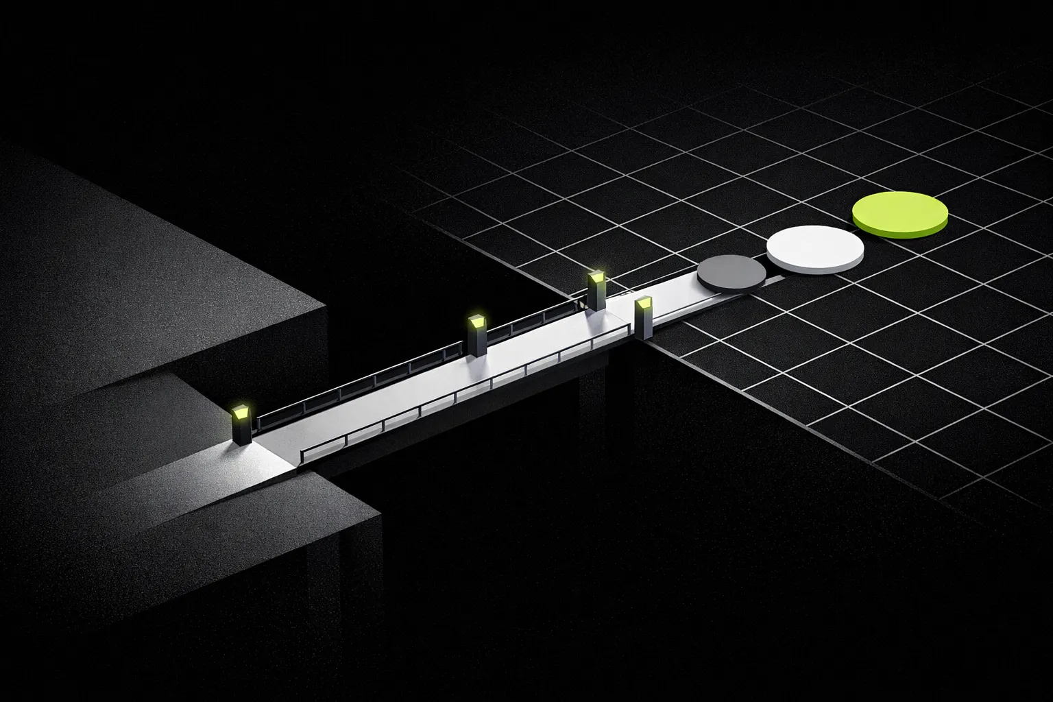 A single corridor crosses into a structured grid, symbolizing the documented Ethereum bridge path to Robinhood Chain.