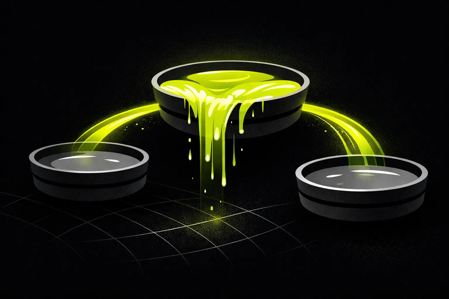One large abstract basin is filled with bright flowing lines while two smaller basins nearby are faint and nearly empty.