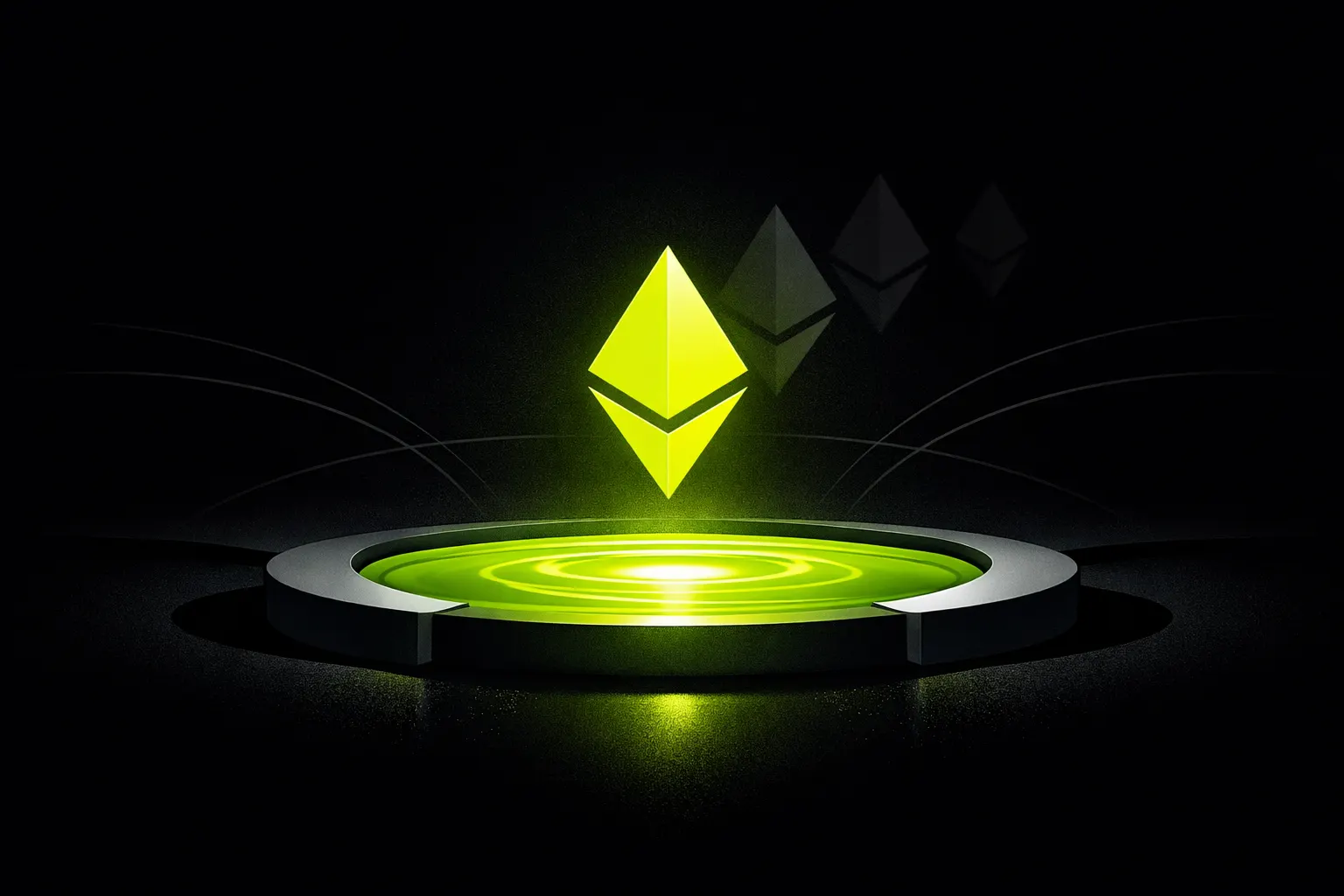 An abstract glowing pool sits below a bright token-like shape, with several similar shapes fading into the background.