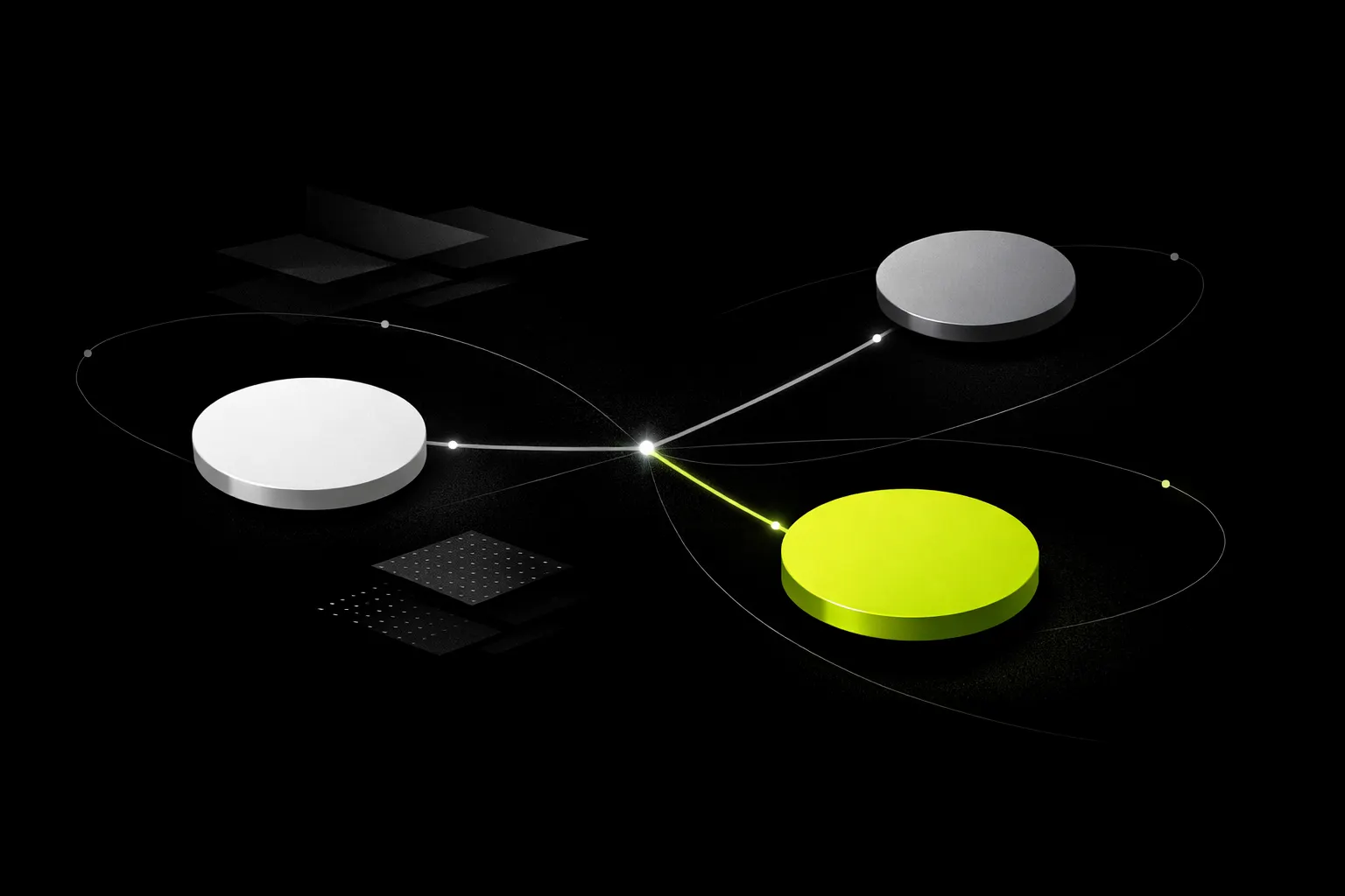Three similar coin-like shapes split away from a central point along different paths.