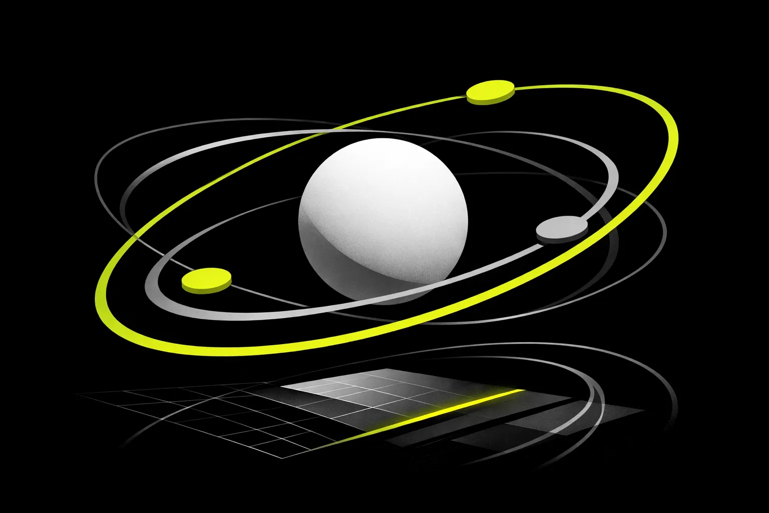 A central geometric form stays steady while circular paths loop around it in an abstract dark scene.