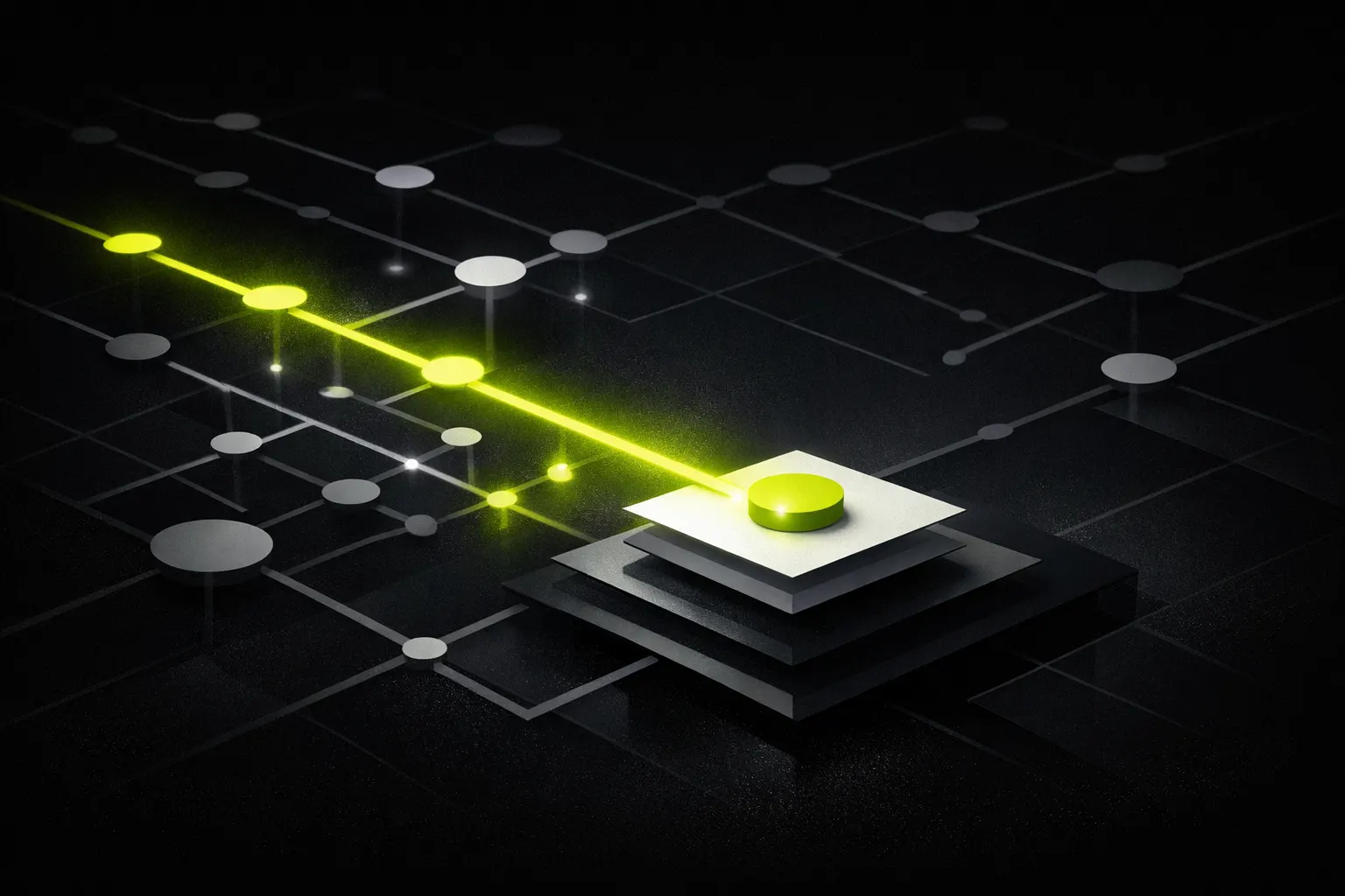 An abstract network map shows one clear path through several glowing nodes while other paths fade.