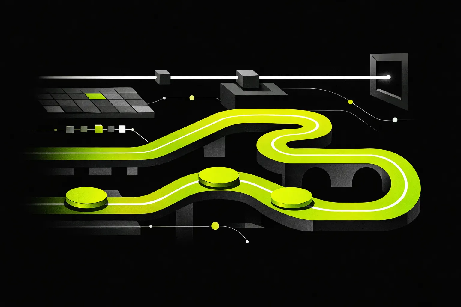 Two separate glowing streams travel through a circuit-like structure, one straight and one routed through multiple nodes.