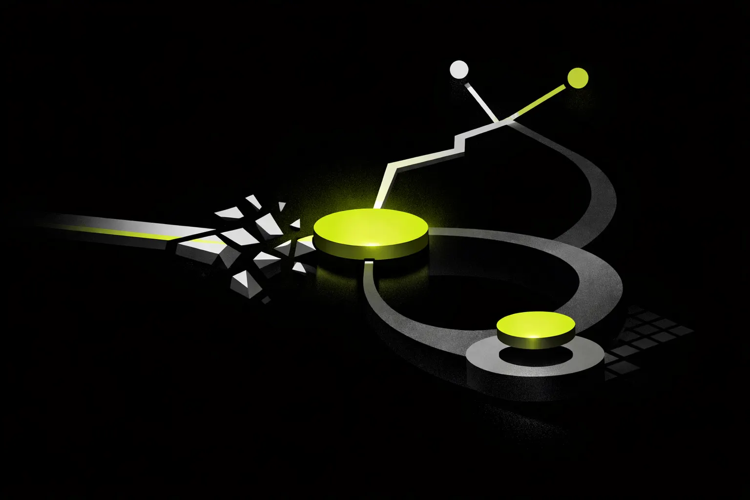 A geometric transaction path breaks into fragments and detours around a central node.