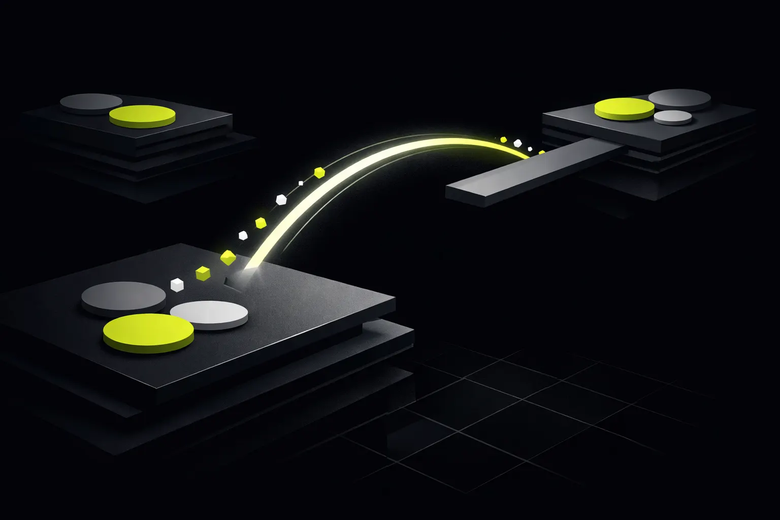 An abstract scene shows one network platform connected to two destination platforms by a slow bridge and a fast arc.