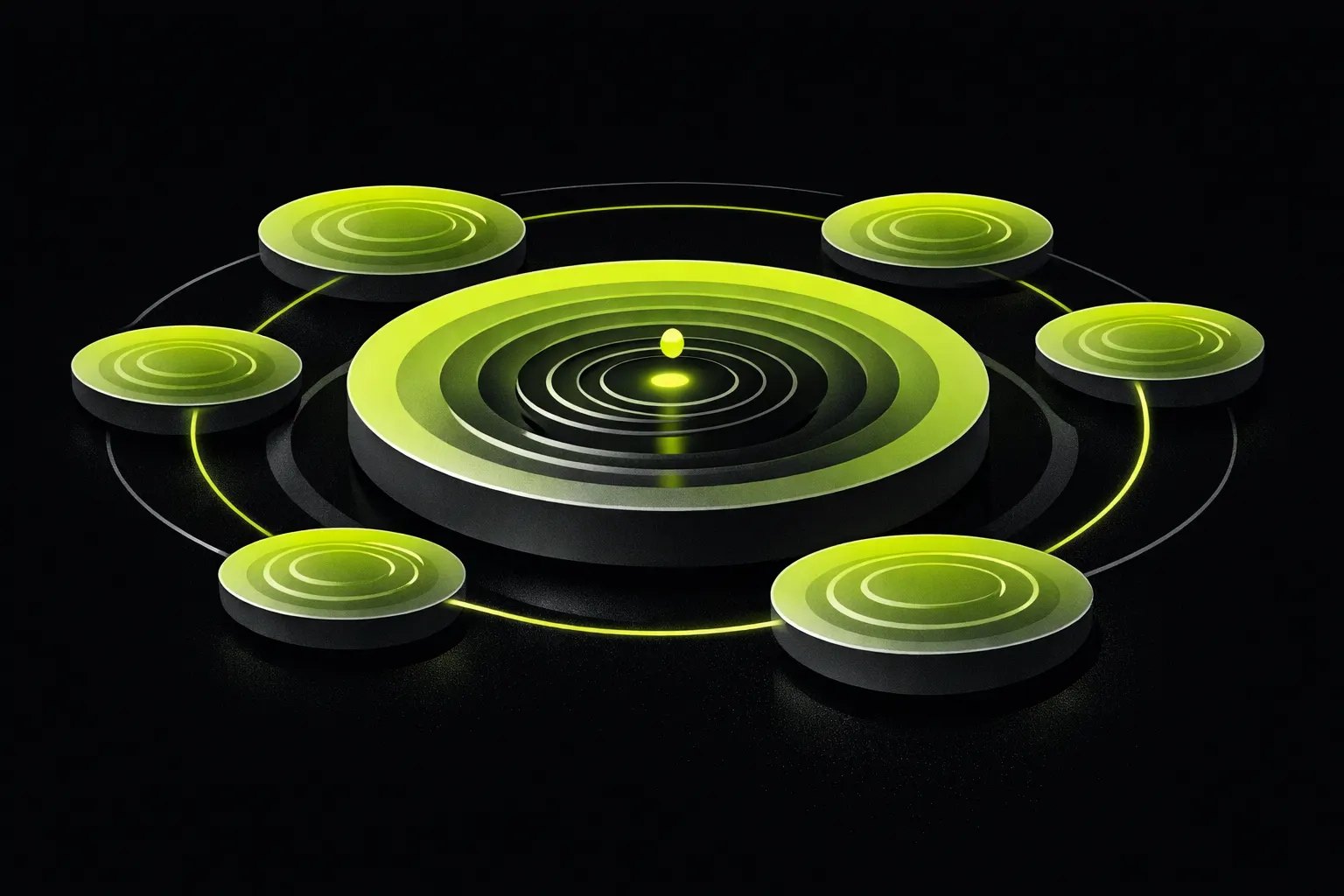 A central deep pool and several smaller pools are shown from above with ripples moving across them.