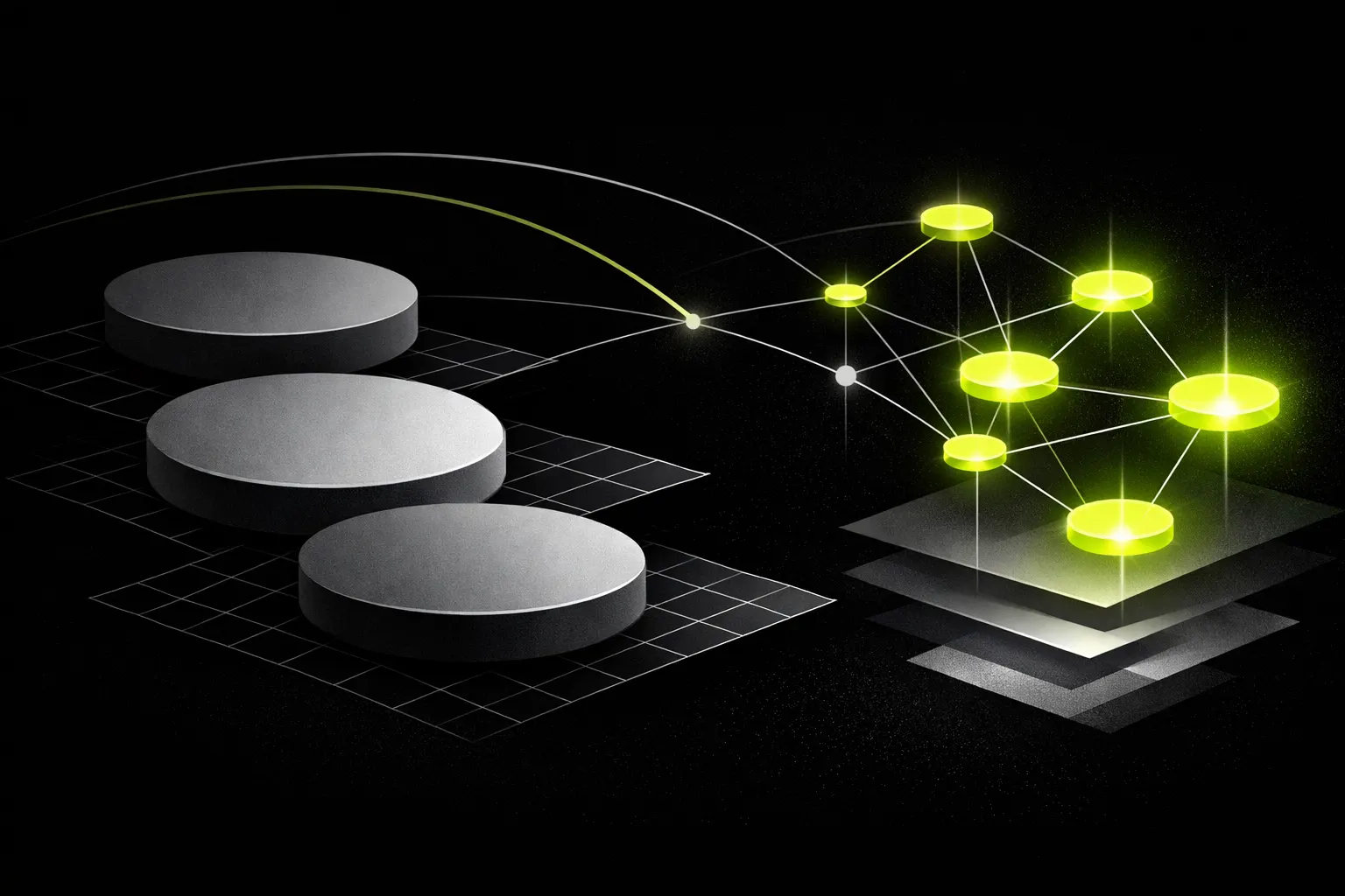 Older large nodes and newer smaller nodes are connected in an abstract network across a dark background.