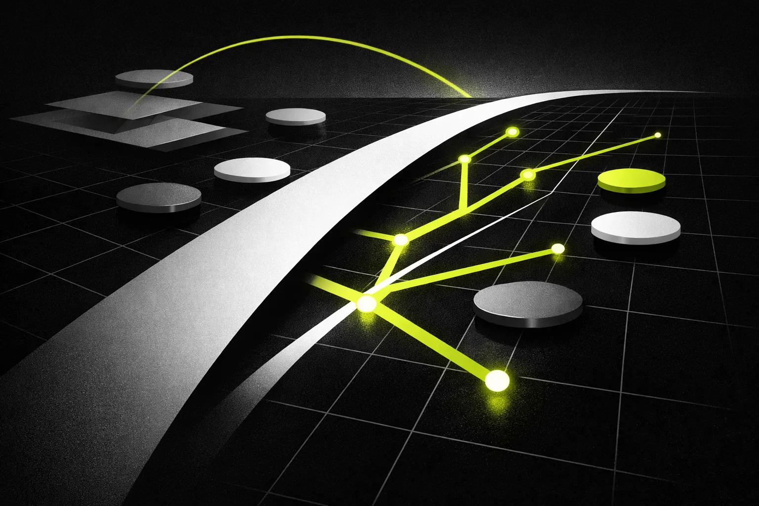 An abstract network scene shows one broad route and several thinner newer branches.