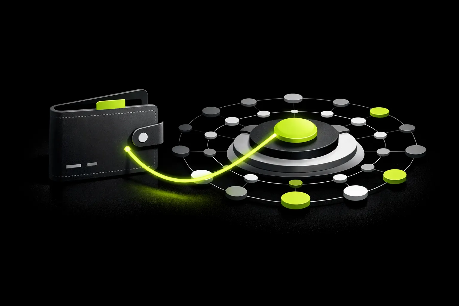 A wallet panel sits beside an ordered layered network diagram with one route emphasized.