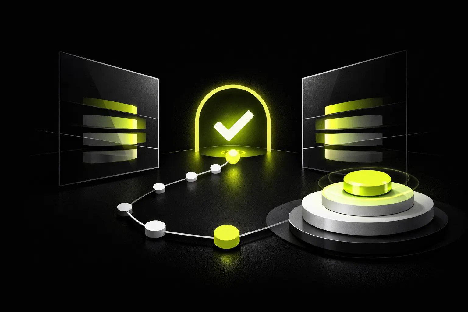 A glowing checkpoint marks the end of a network path with matching panels nearby.