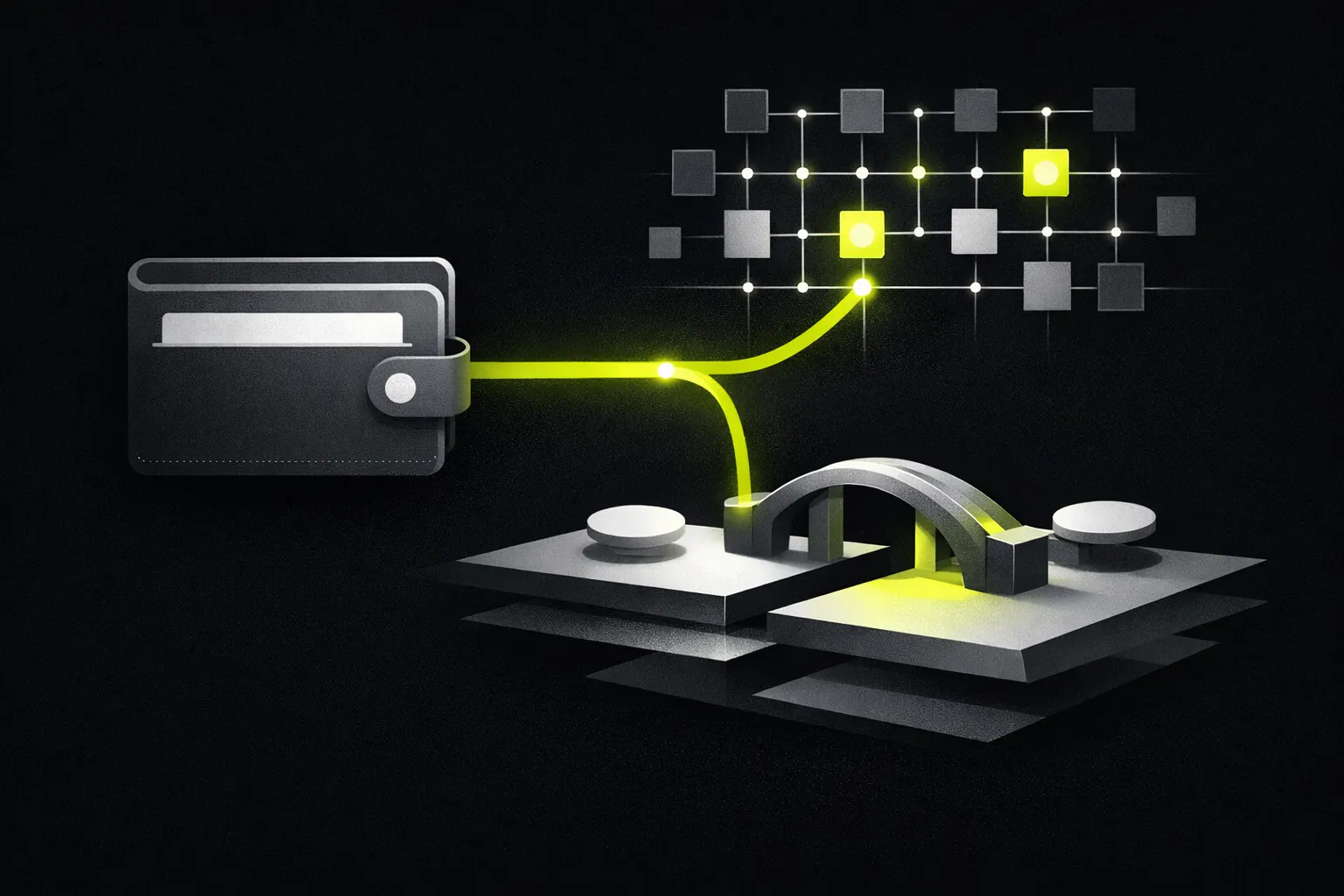 An abstract wallet panel connects to a layered network and a separate verification grid.