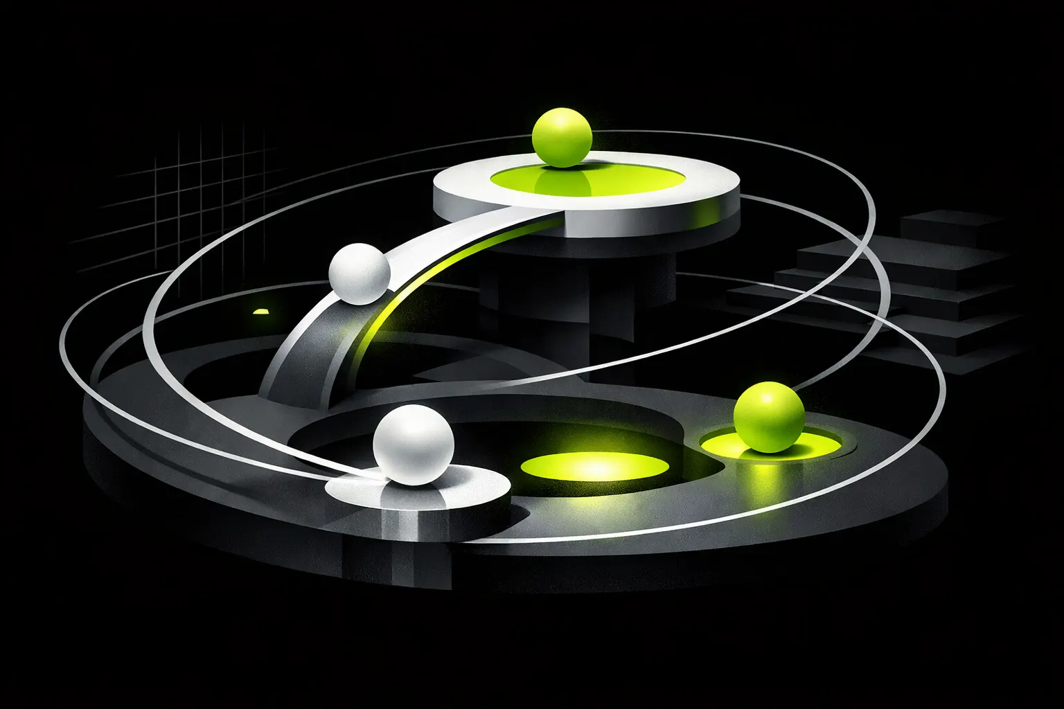 An abstract layered network scene shows asset-like spheres moving between connected pools on a raised platform.
