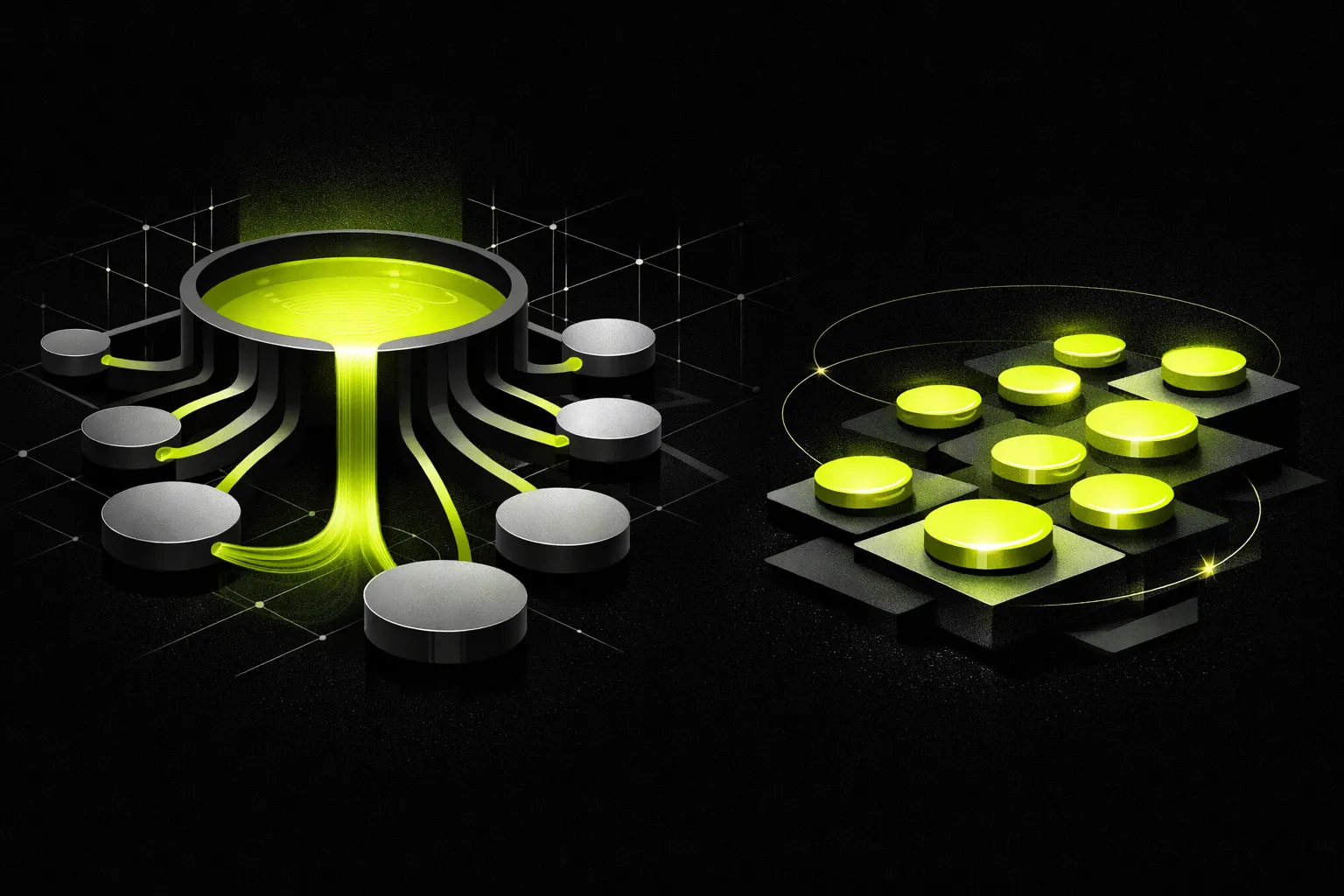 An abstract network scene shows one large central pool connected to many smaller pools.