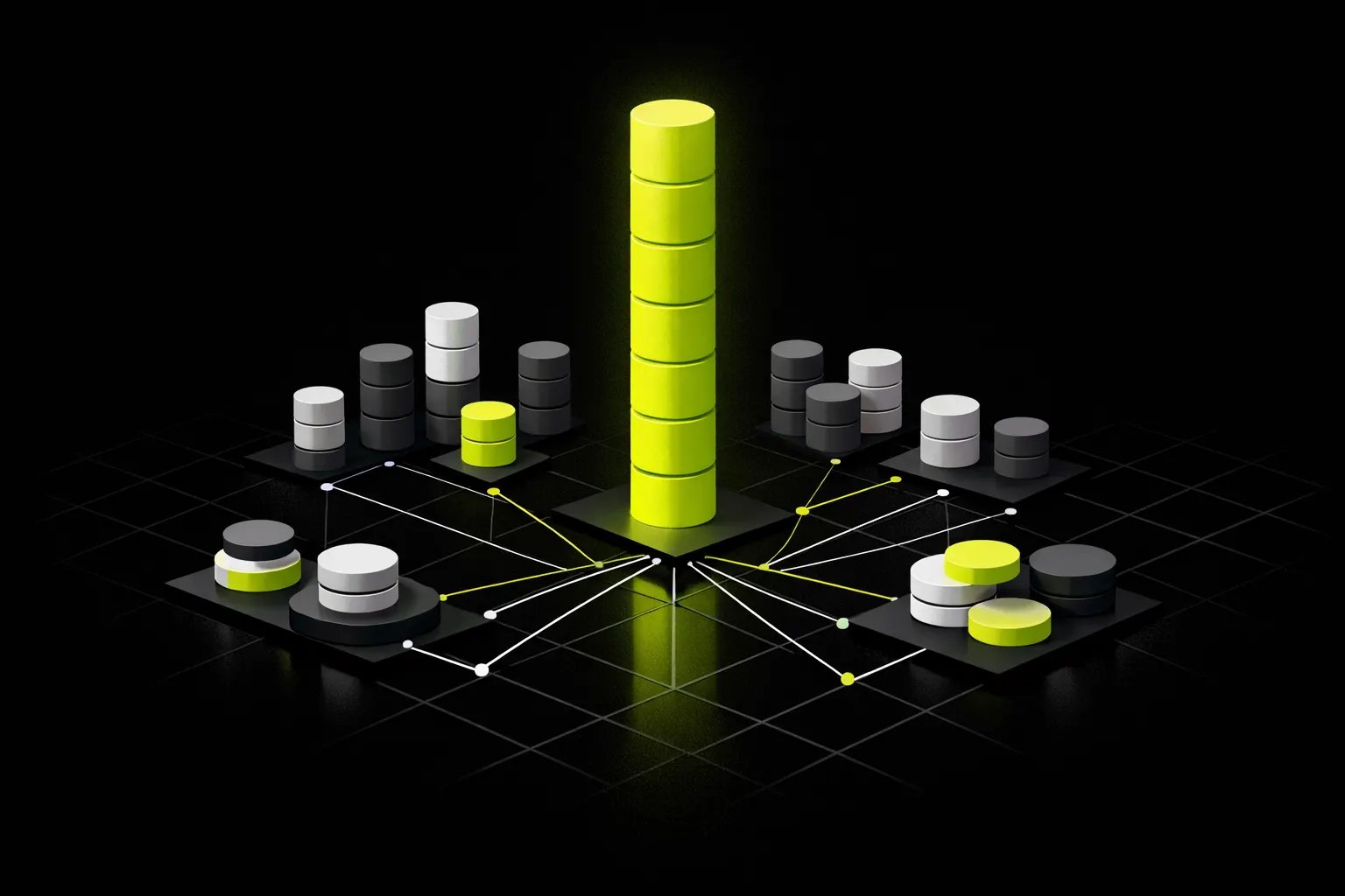An abstract bar-like composition shows one dominant column over several smaller ones.
