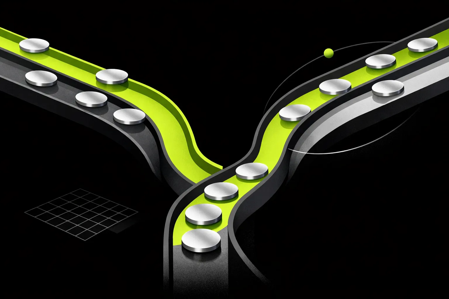 Abstract discs move through two separate channels that reconnect farther down.