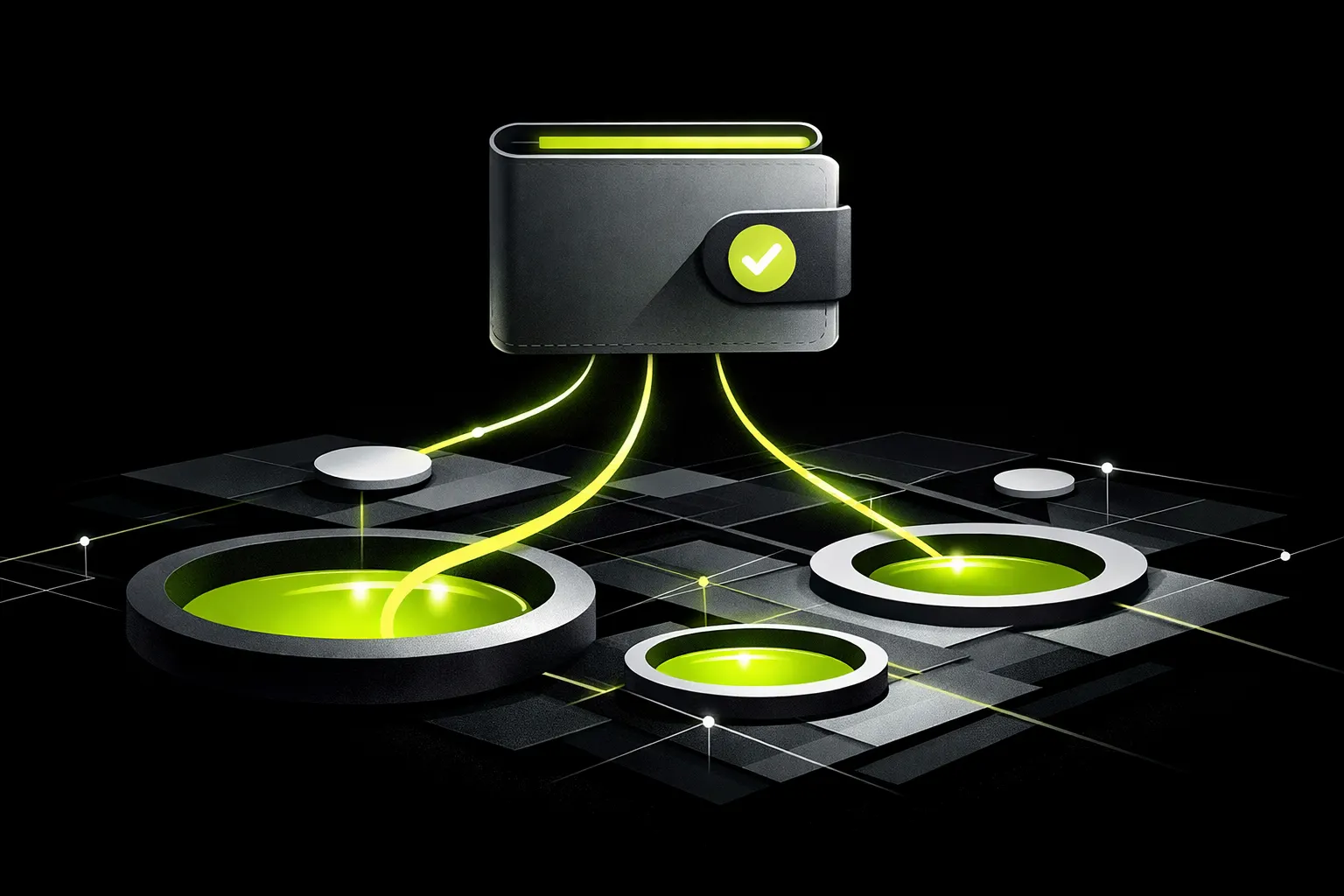 An abstract wallet shape sits above several connected liquidity pools of different sizes.