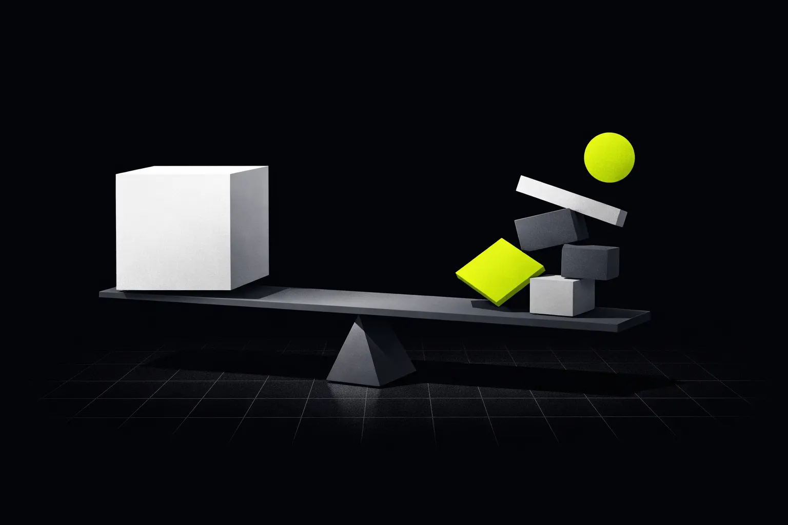 Abstract blocks of different sizes balance over a dark grid to suggest trading trade-offs.