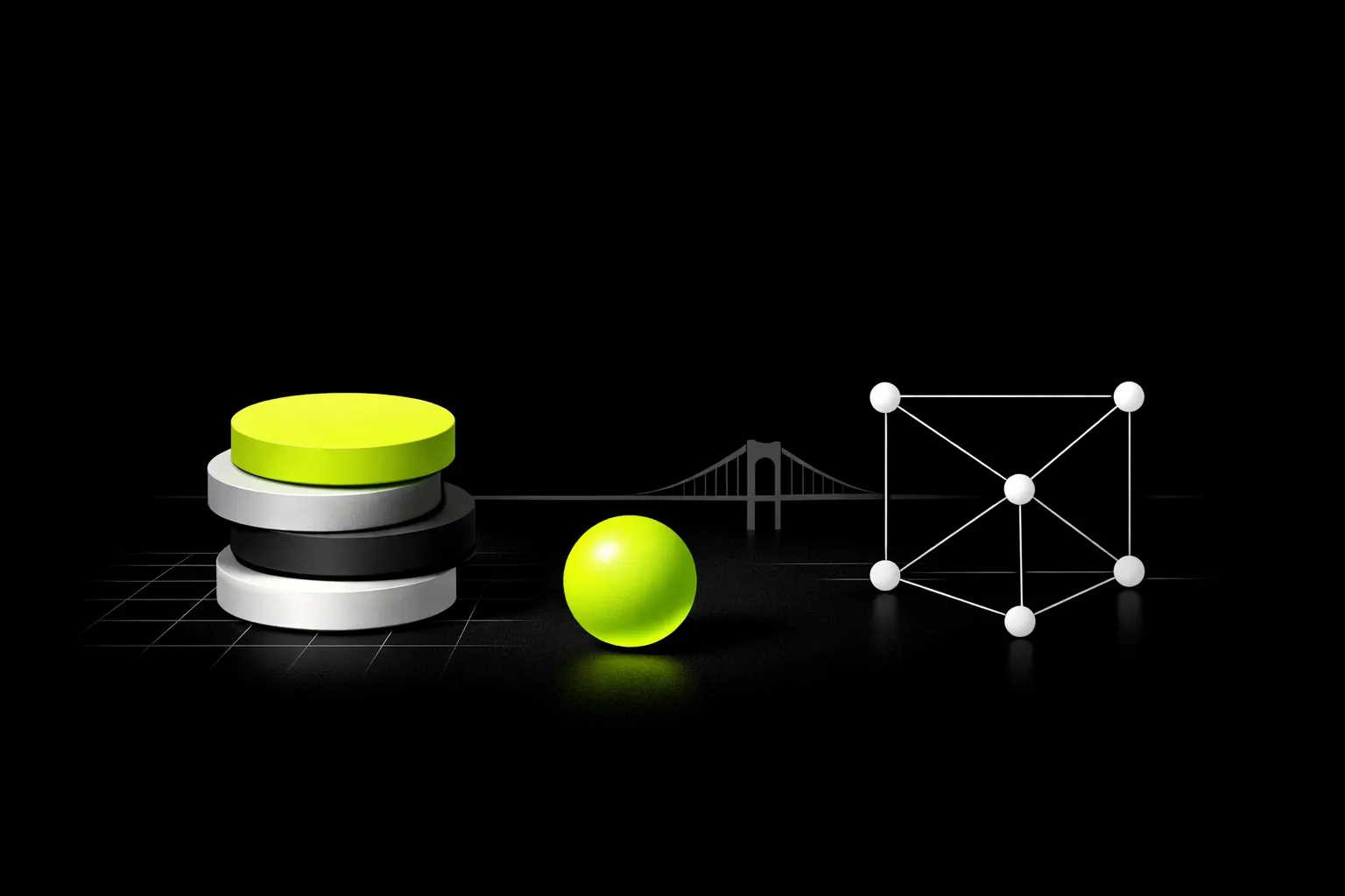 Abstract token shapes sit beside a smaller separate orb and a distant bridge form.