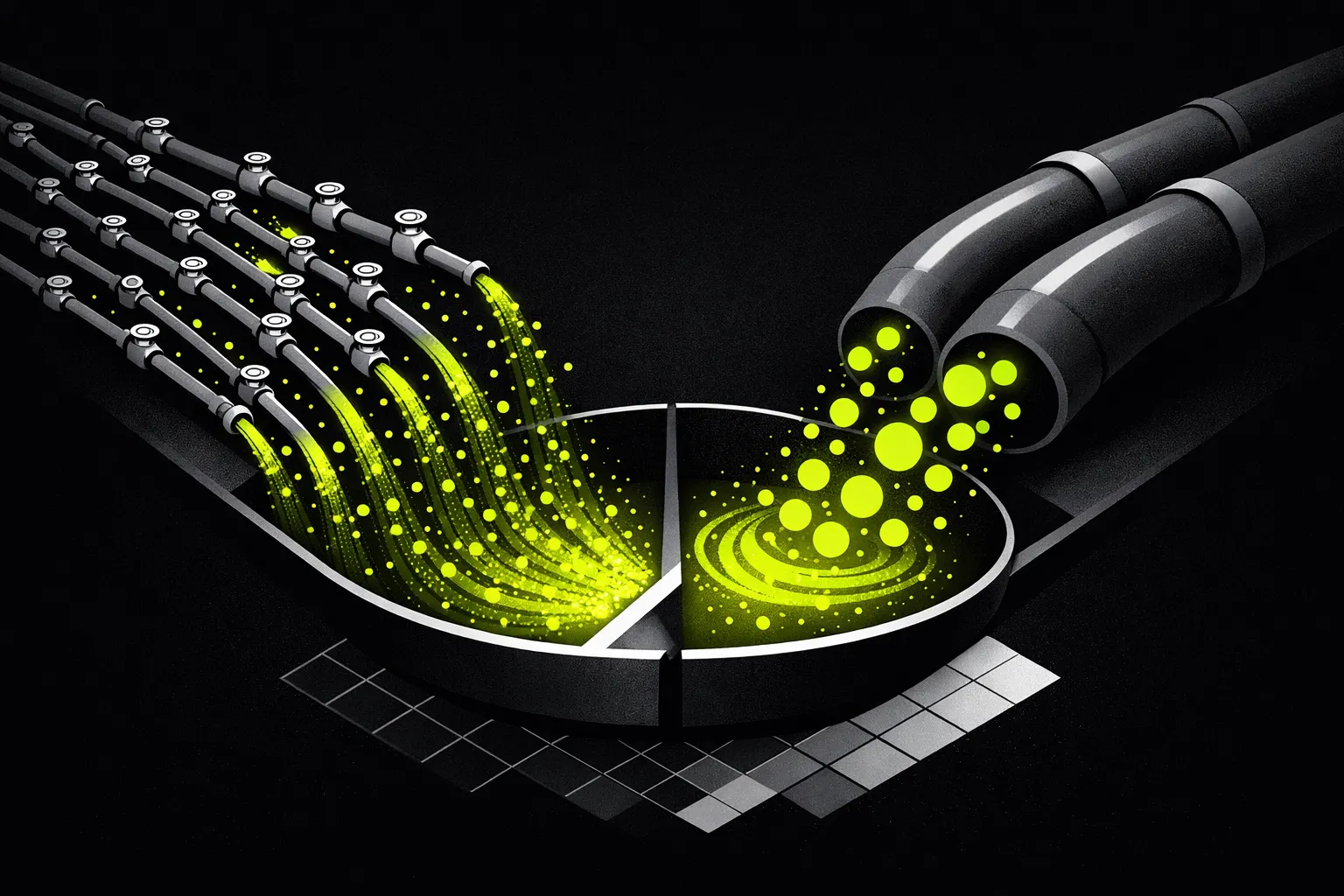 Two parallel channels feed a shared basin, with one side connected to many more small outlets.