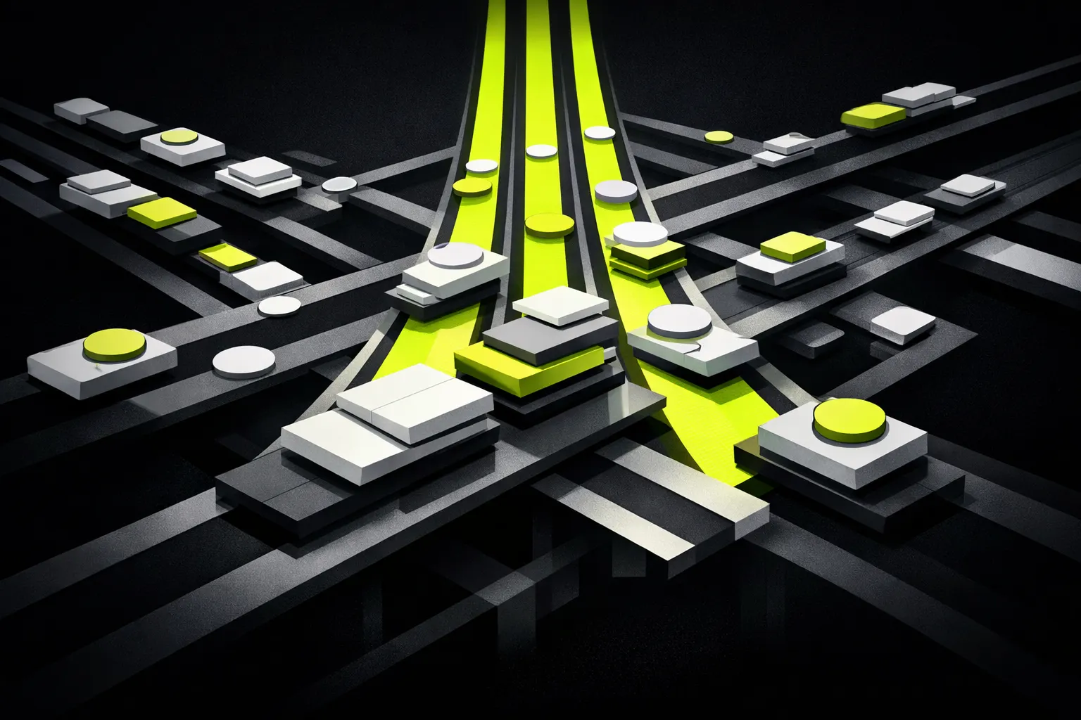 Three central lanes carry the densest flow through an abstract market grid.