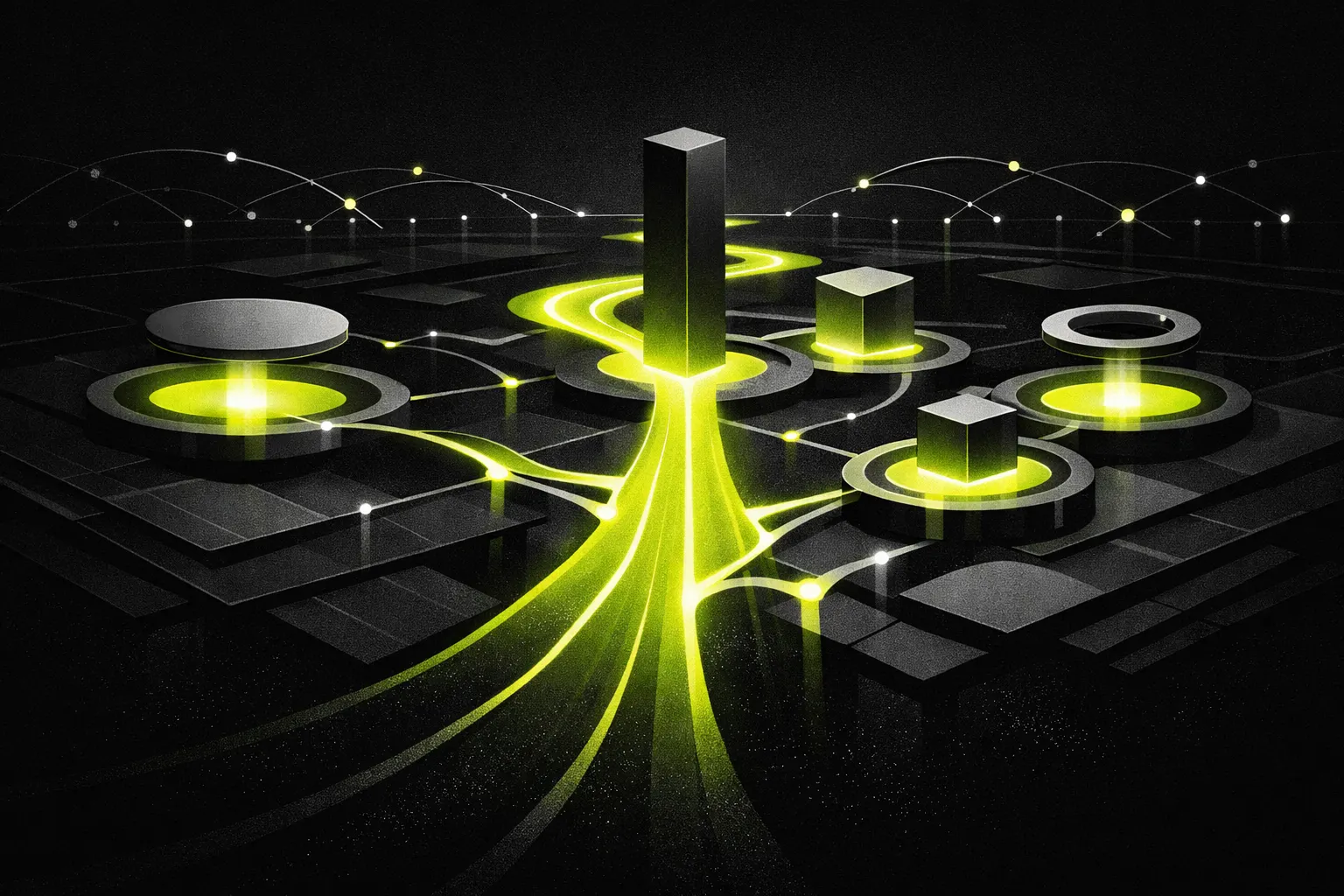 An abstract network scene shows several bright trading lanes branching across a dark map-like surface.