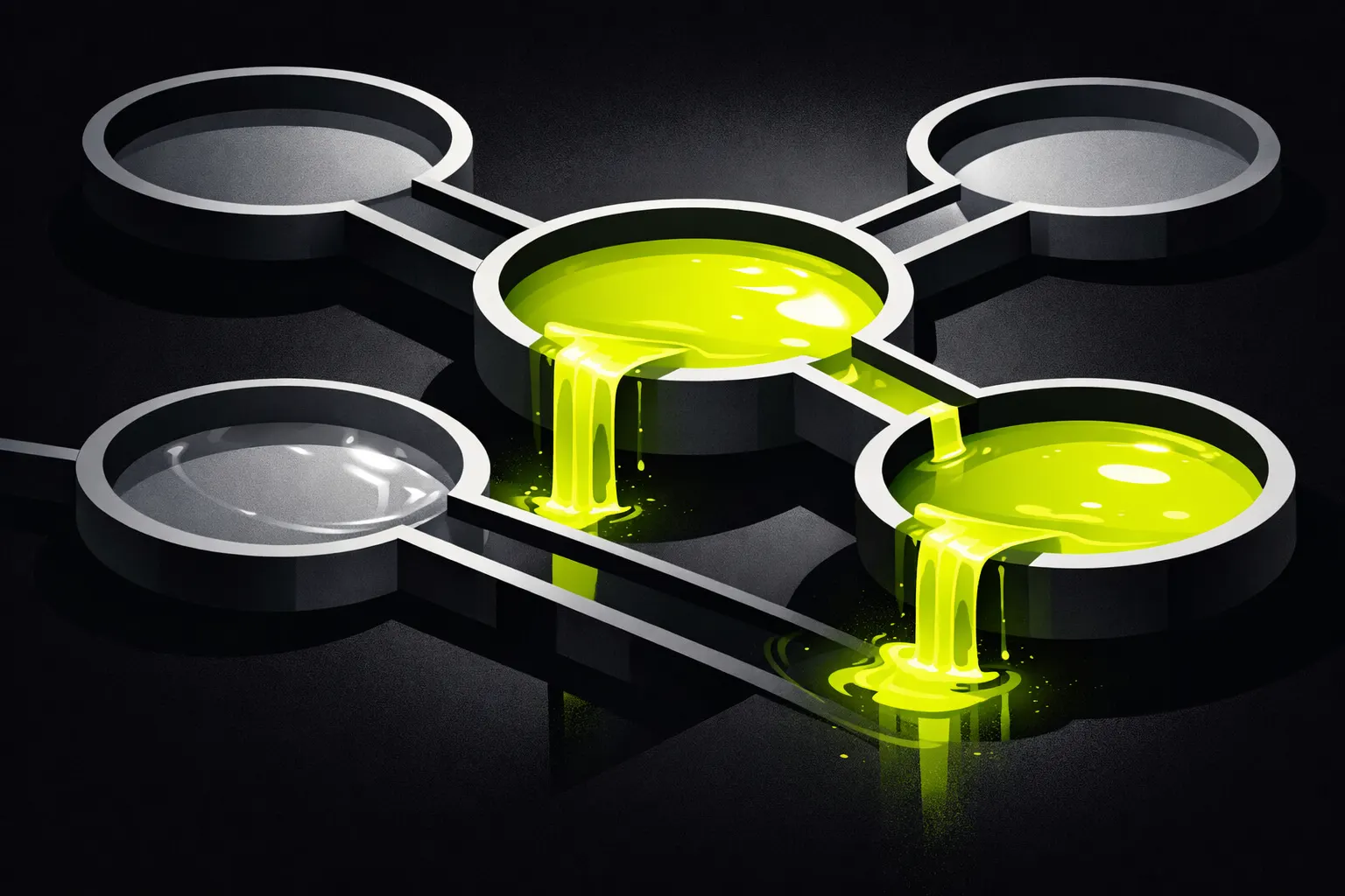 Several abstract circular pools of different sizes are connected by narrow channels in a dark geometric scene.