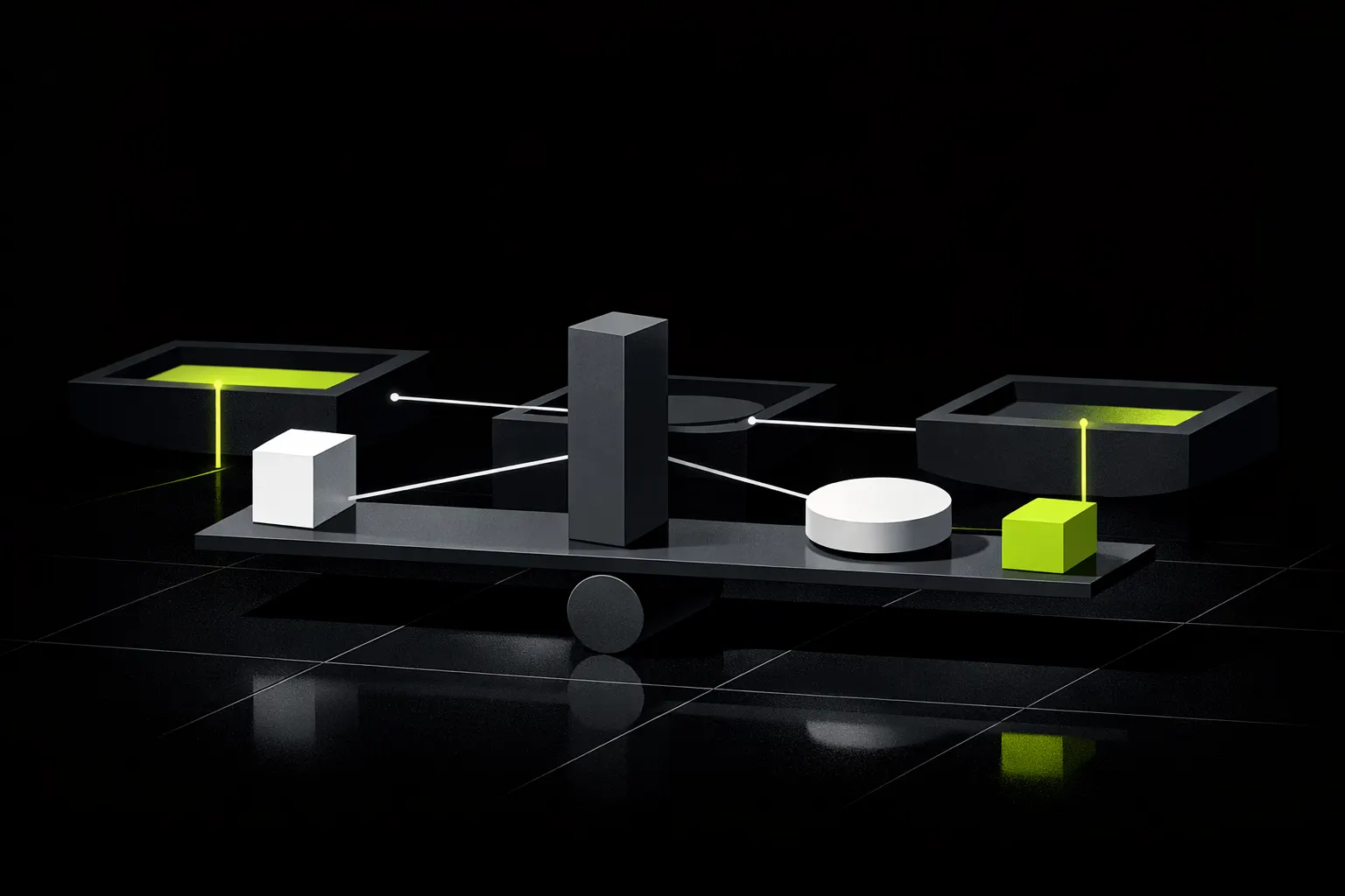 Four abstract blocks sit on a dark grid, each linked to larger reservoirs by thin glowing lines.