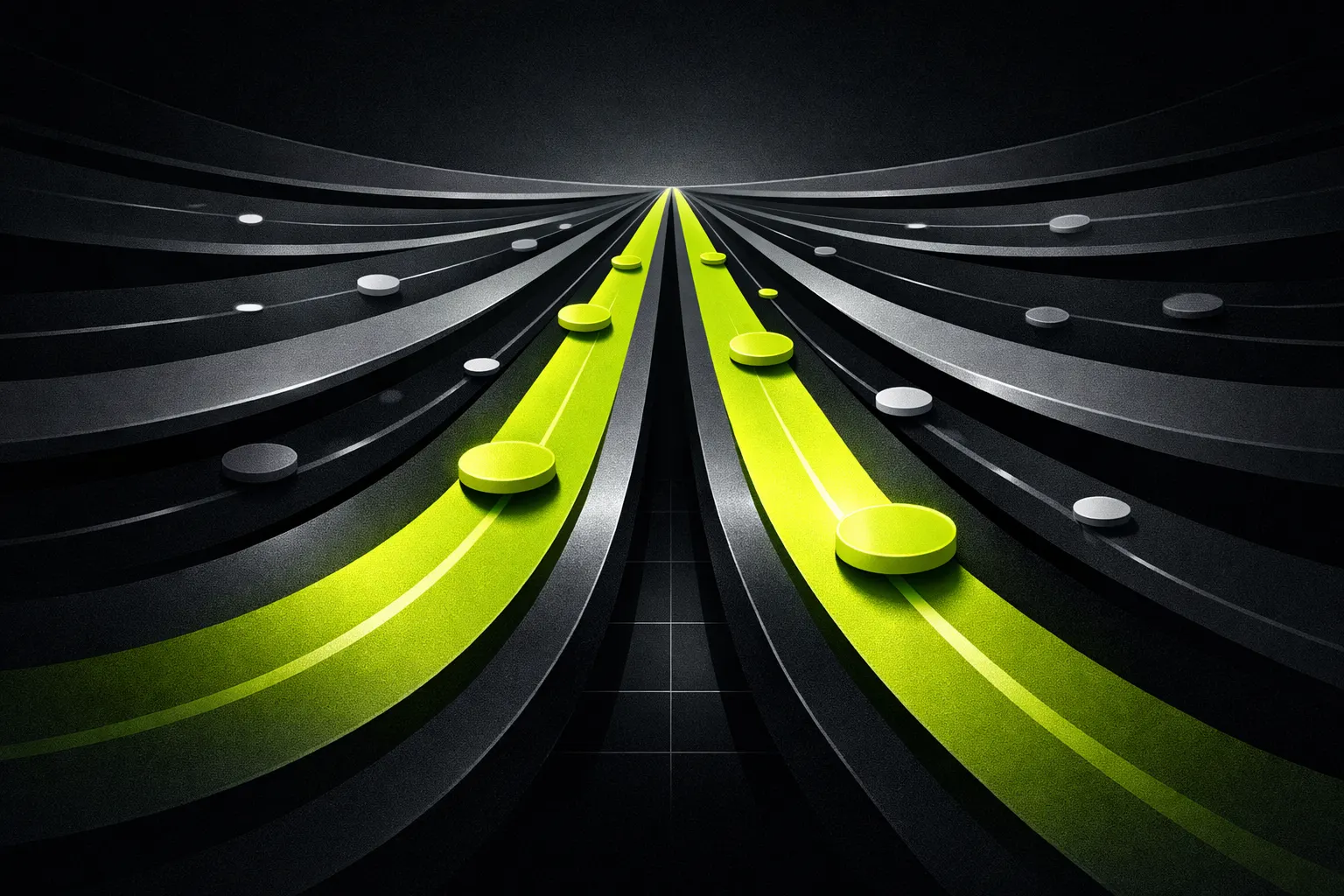 Most of the glowing flow in an abstract network runs through two large central lanes while smaller lanes stay faint.