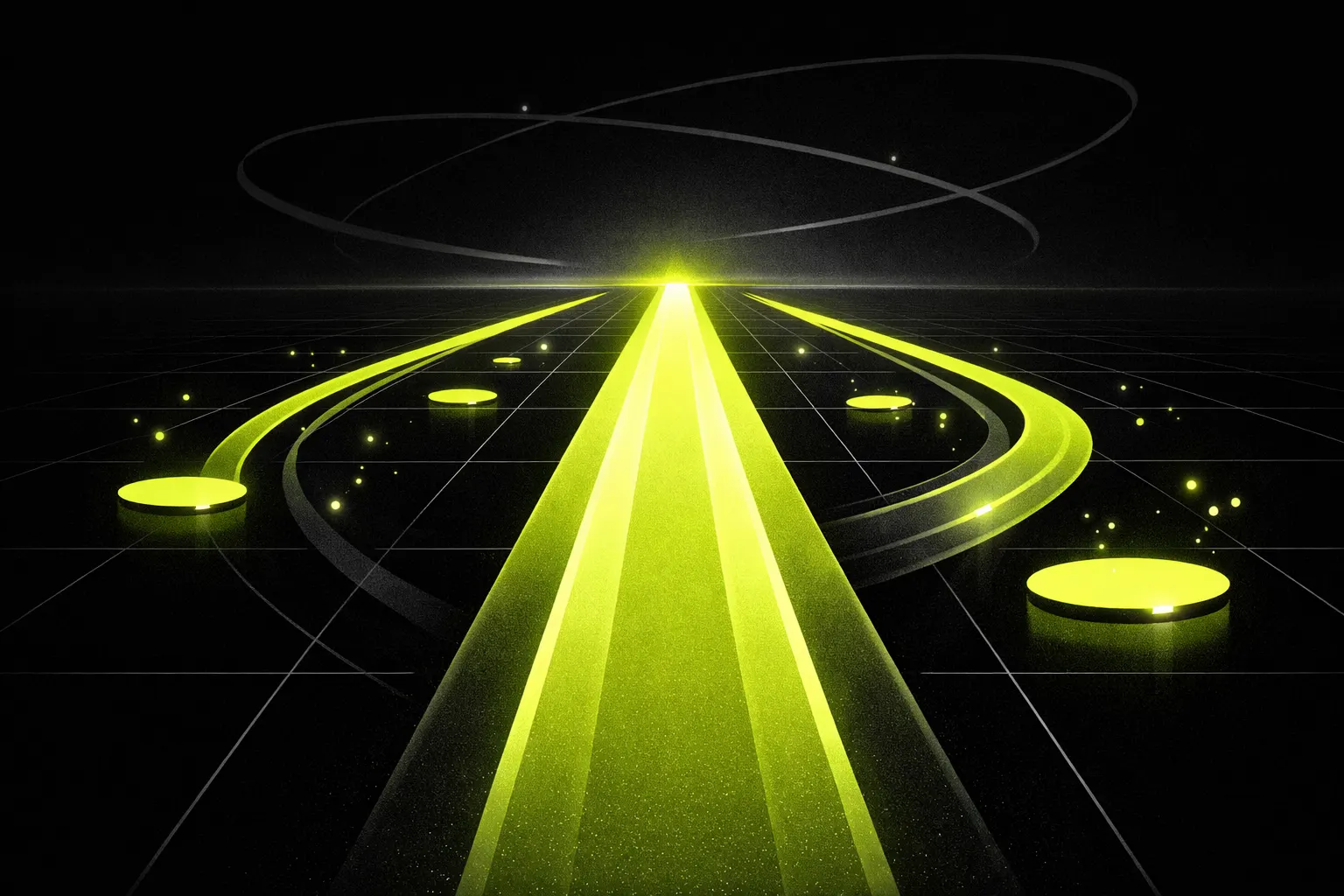 Abstract trading lanes converge across a dark grid, with one dominant route and several smaller side channels.