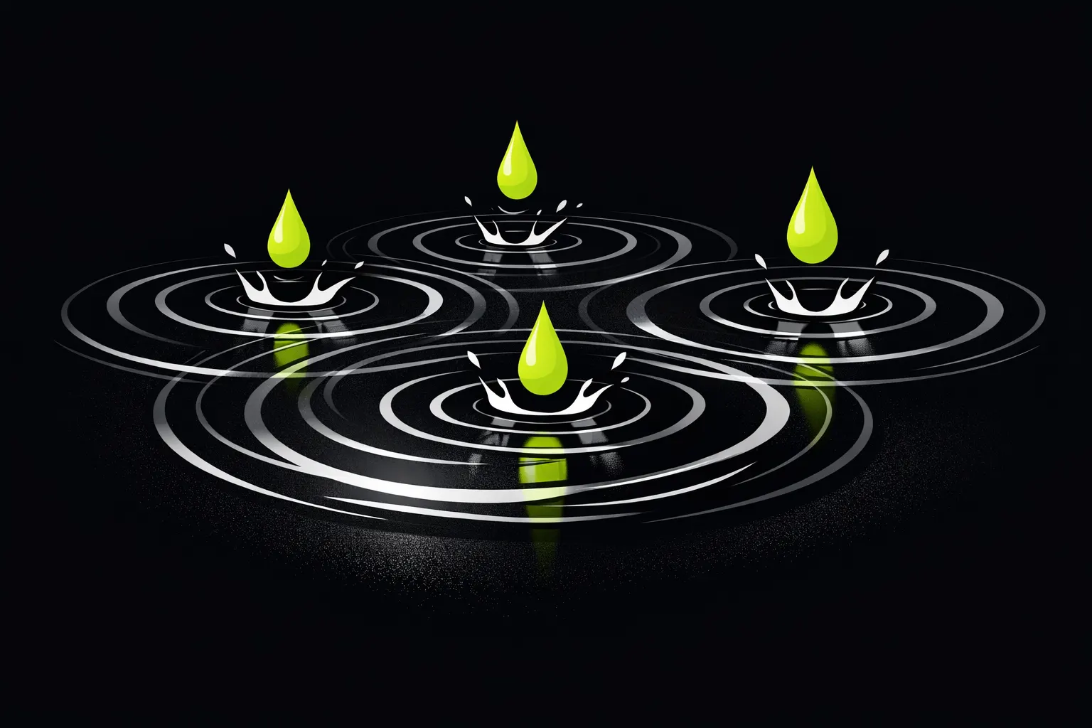 Four bright shapes land in shallow circular pools, sending overlapping ripples across a dark background.