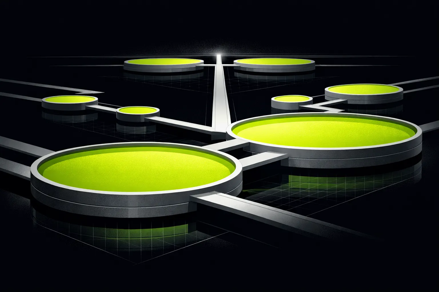 Large layered reservoirs and smaller connected basins suggest a stable base of liquidity with new branches forming nearby.