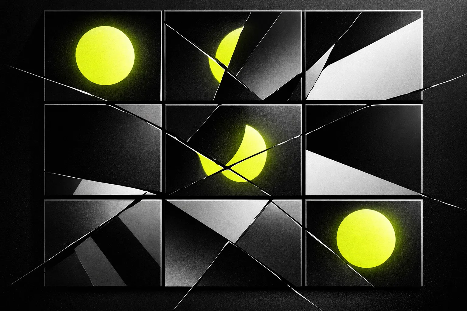 Abstract mirrored panels show inconsistent reflections of one central object, suggesting conflicting views of the same market.