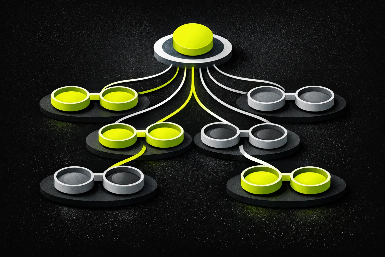 An abstract map shows one asset connected to many separate pools of different sizes.