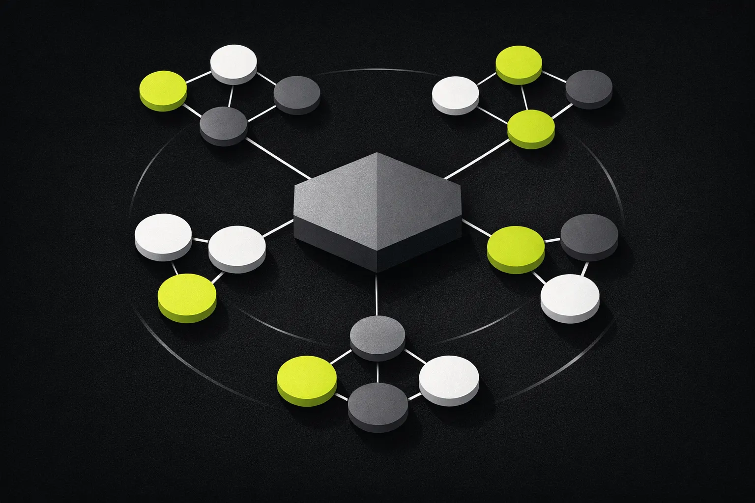 Abstract circles are connected in different pair patterns, suggesting multiple quote assets for the same token.