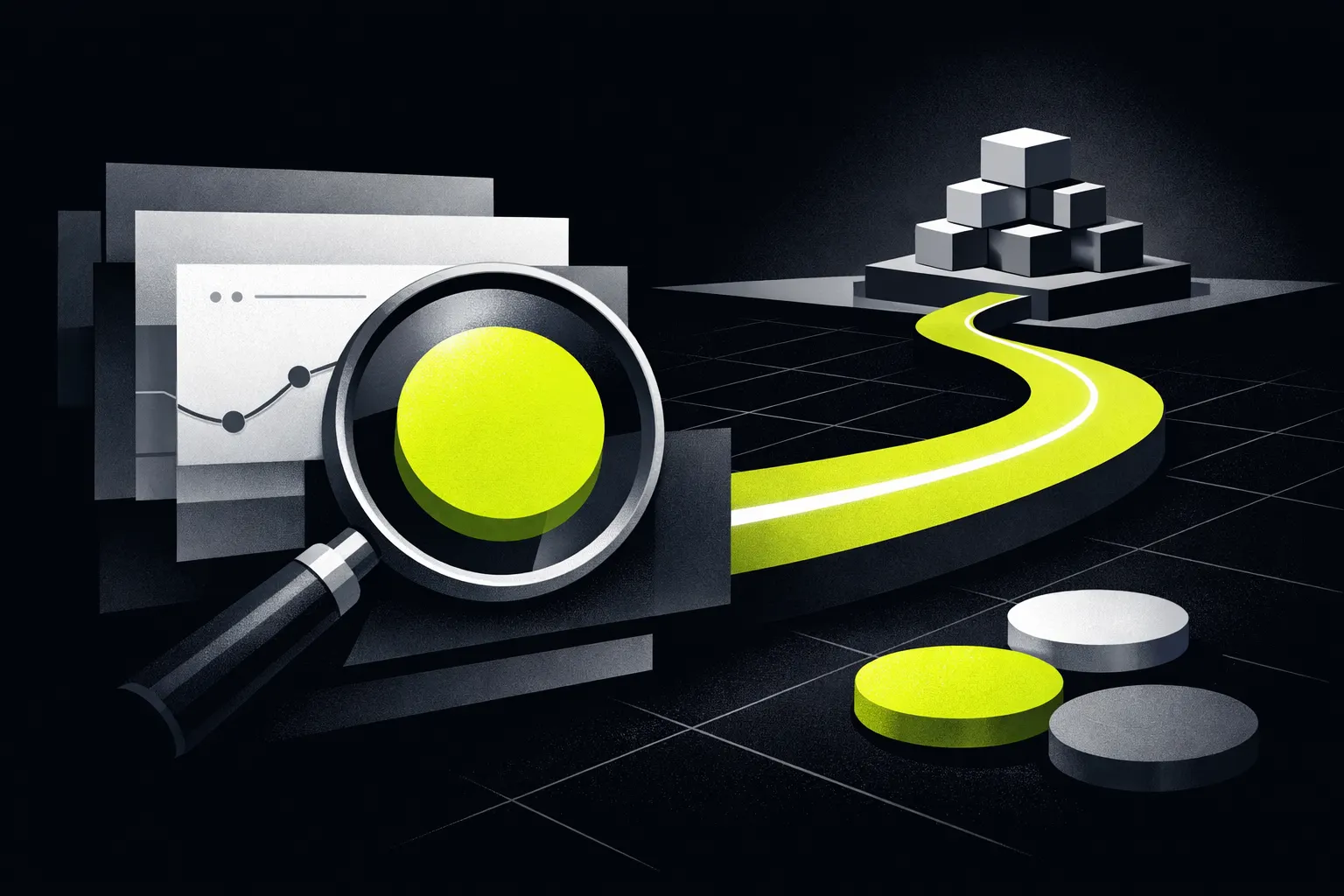 A magnifying lens hovers over an abstract token while a path leads toward block-like structures, representing on-chain verification steps.