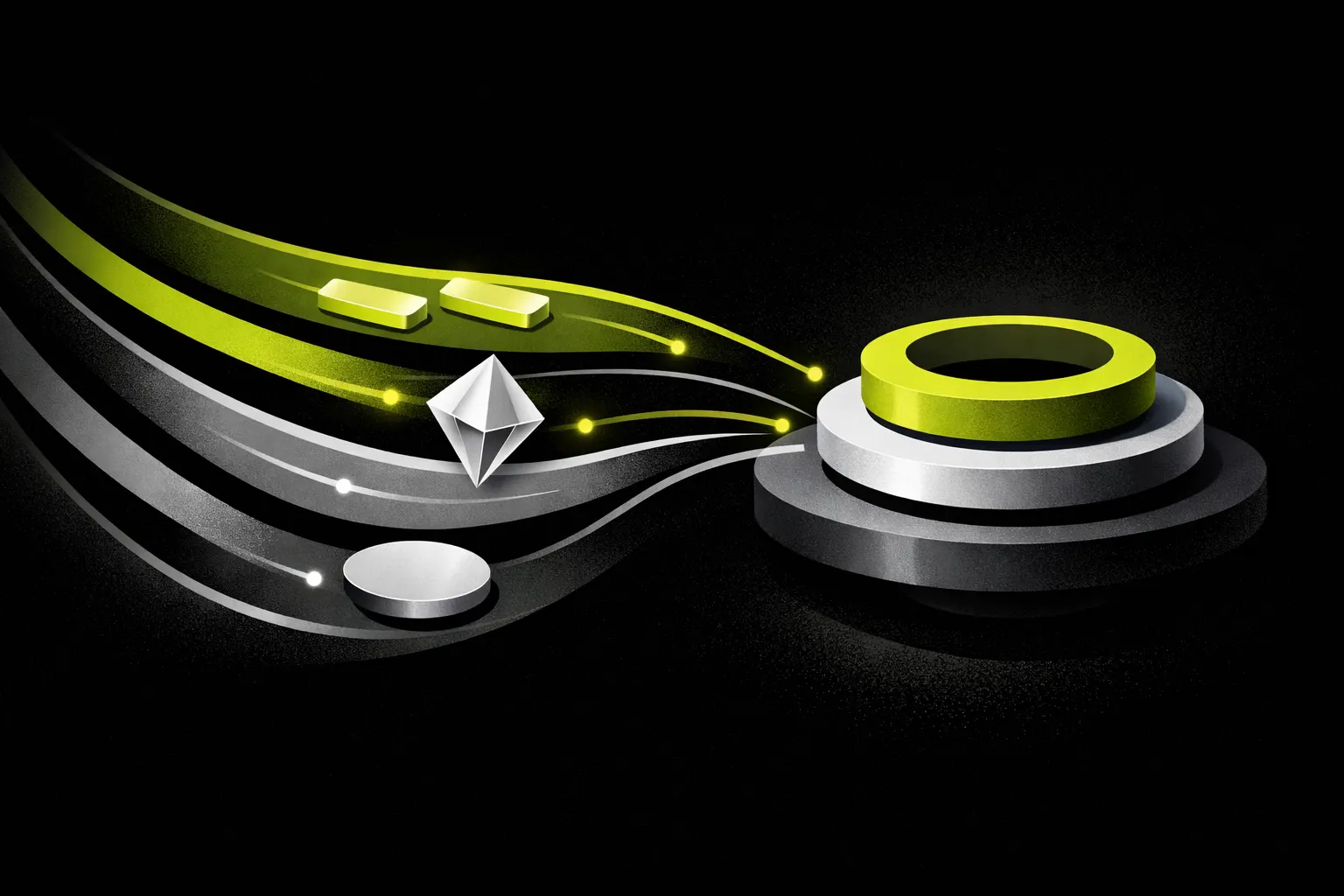 Abstract geometric shapes flow through several pool-like paths toward a central trading hub.