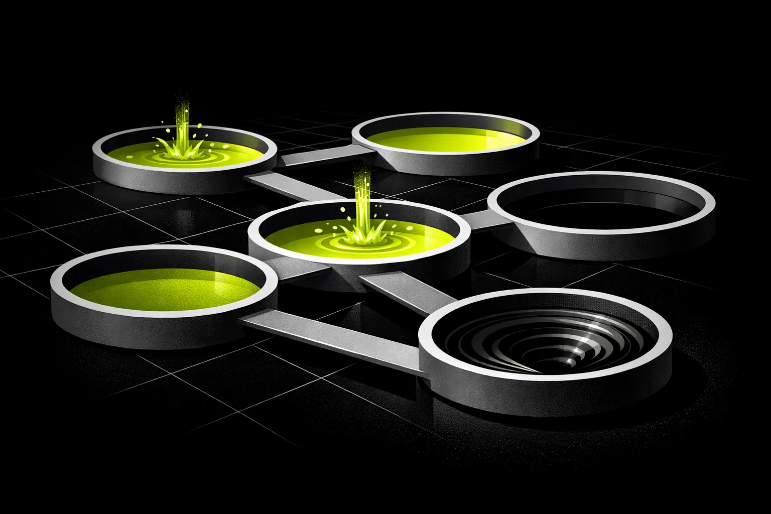 Several abstract pools appear across a dark grid, with some filling and one draining through narrow channels.
