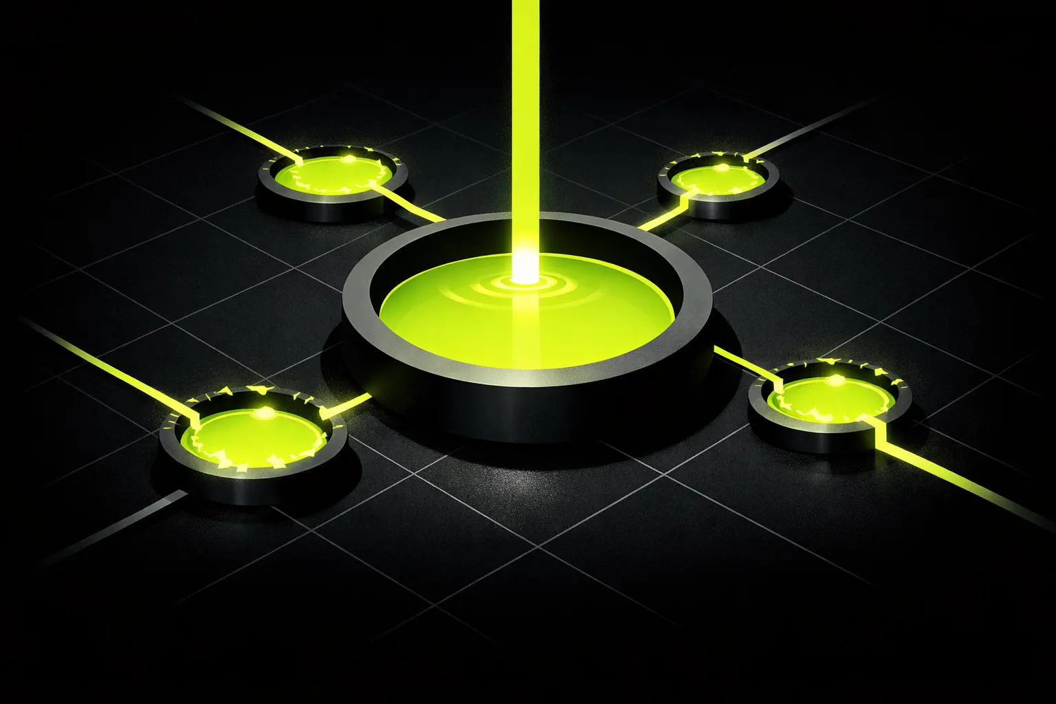 Several abstract circular pools appear on a dark grid, with one larger pool and multiple smaller newly formed pools connected by glowing channels.