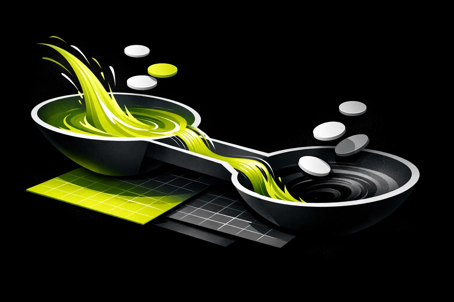 Abstract basins and channels show sharp upward and downward flows in a dark editorial composition.