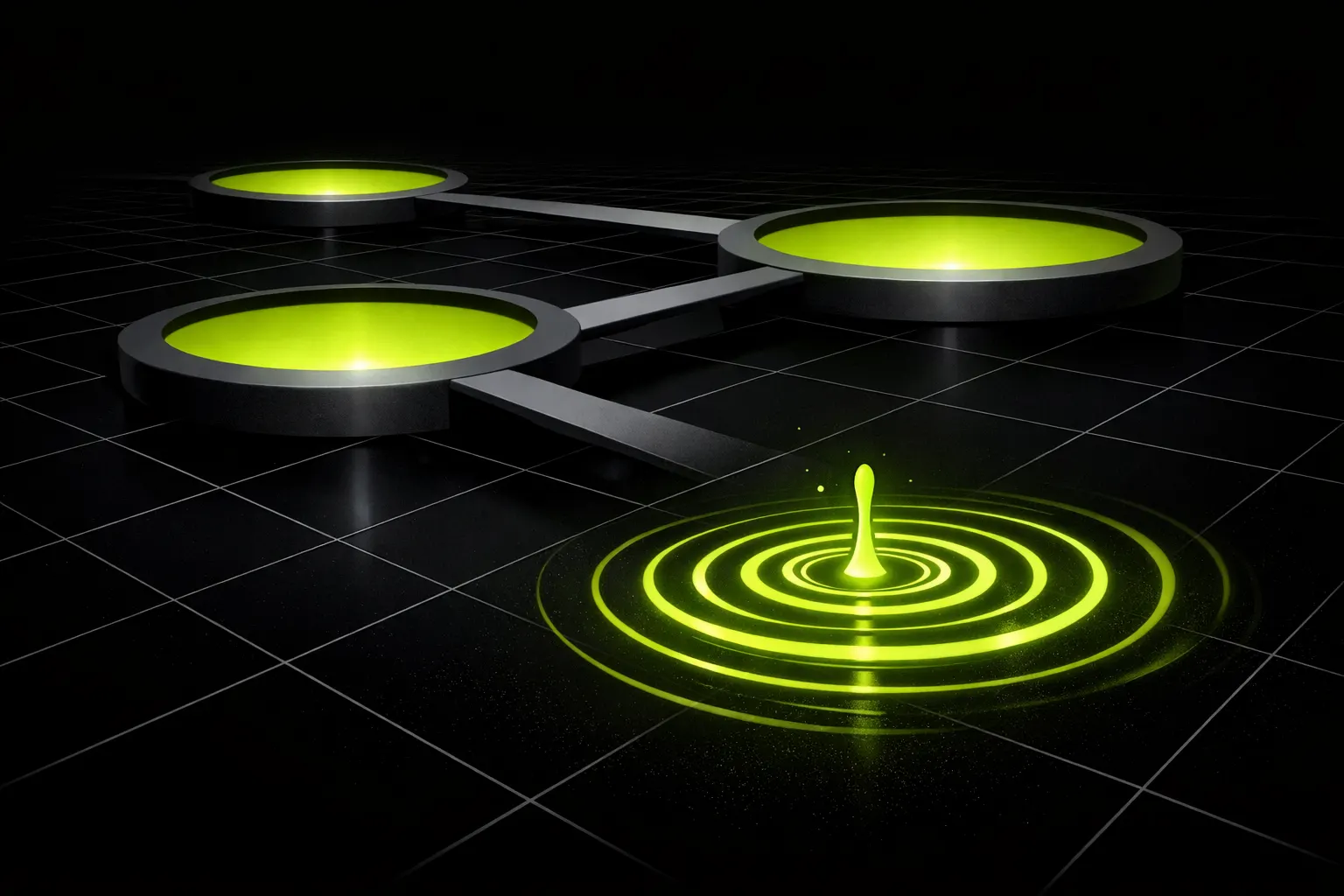 An abstract network shows several connected liquidity pools, with one small new pool sending large ripples across a dark grid.