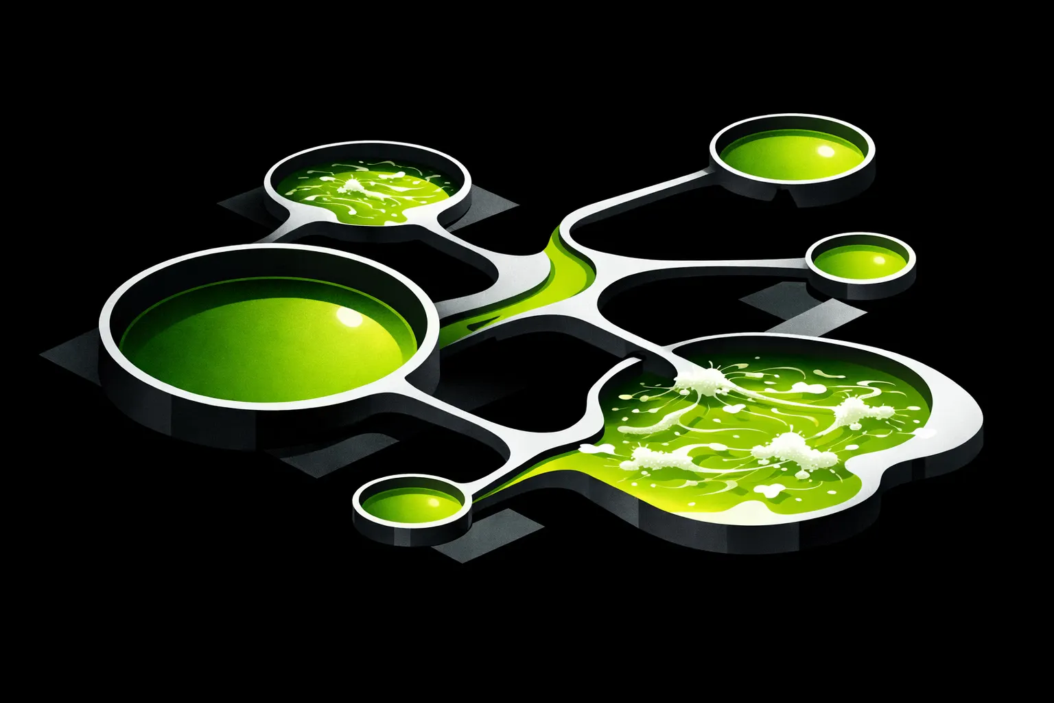 An abstract overhead view shows several connected liquid basins, with some appearing deeper and more stable than others.