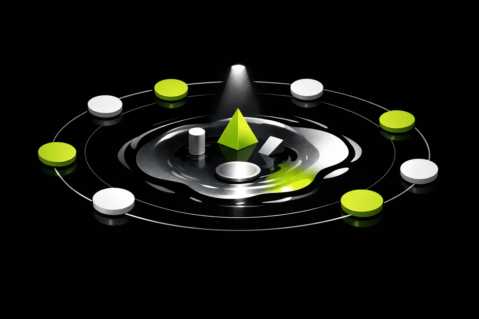 Abstract geometric tokens circle a central liquid pool, with one shape subtly highlighted.