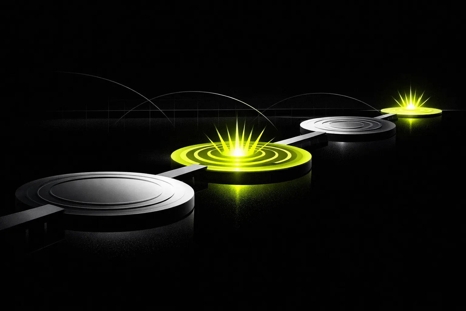 Abstract connected pools show stronger ripples around the newest circles and steadier rings in older ones.
