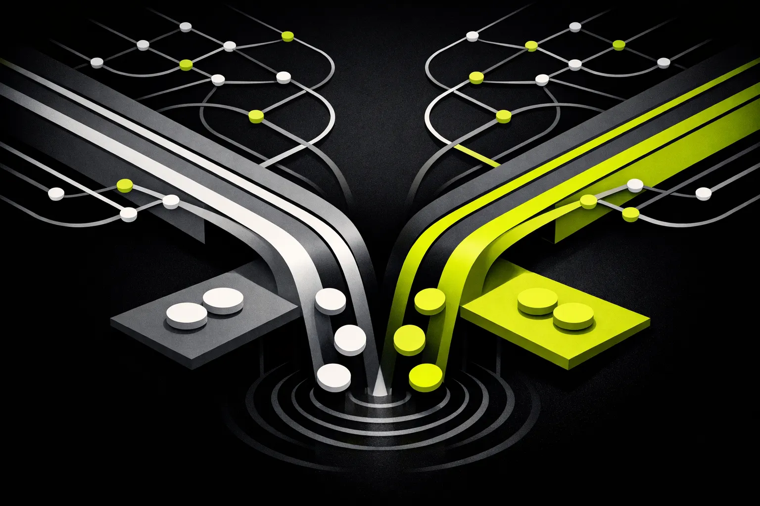 An abstract network of connected lanes converges into two larger channels with smaller side paths around them.