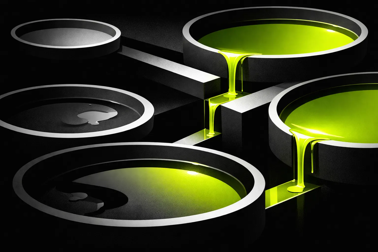 An abstract image shows several shallow glowing basins linked by narrow channels, with uneven liquid levels between them.