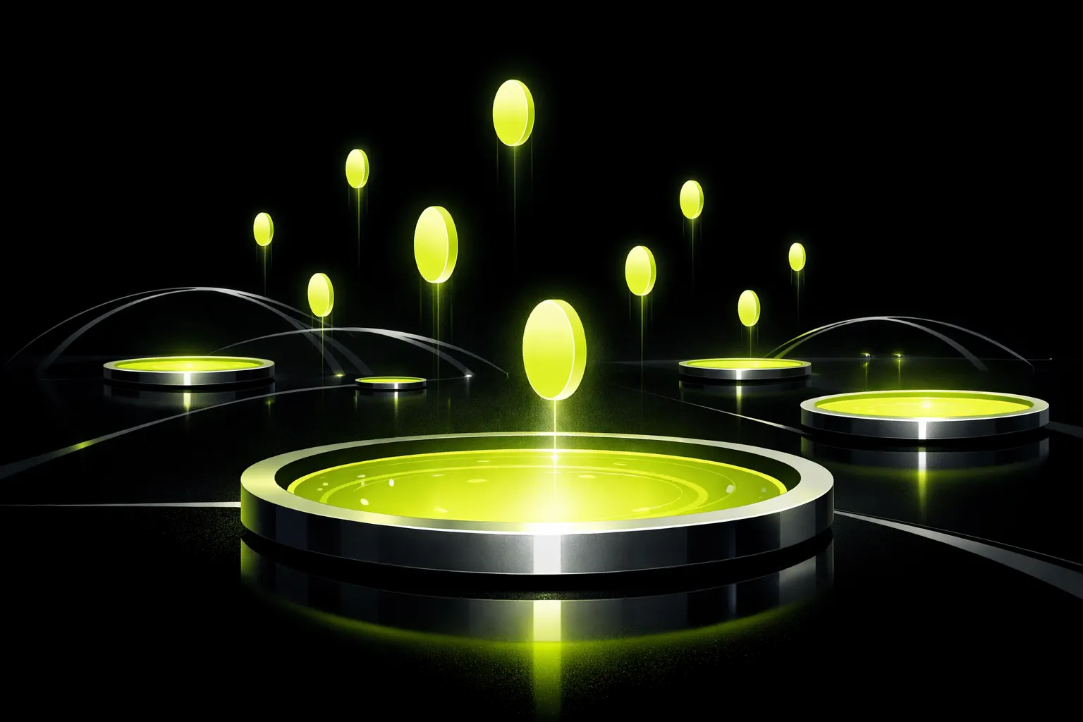 An abstract scene shows multiple glowing pools connected by bridge-like arcs, with one bright token shape leading the others.