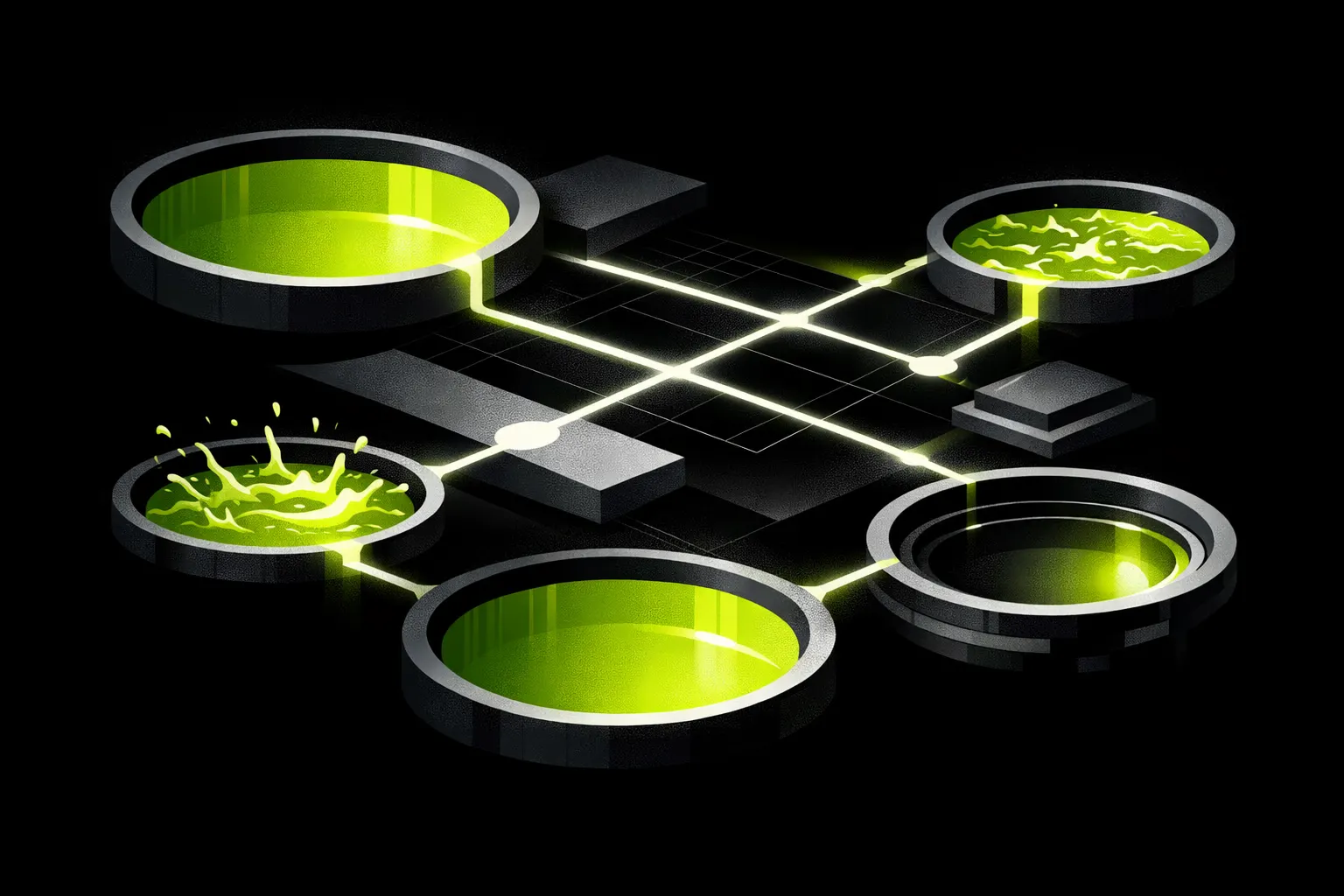 A top-down abstract view shows several new circular pools with different depths and thin connections between them.