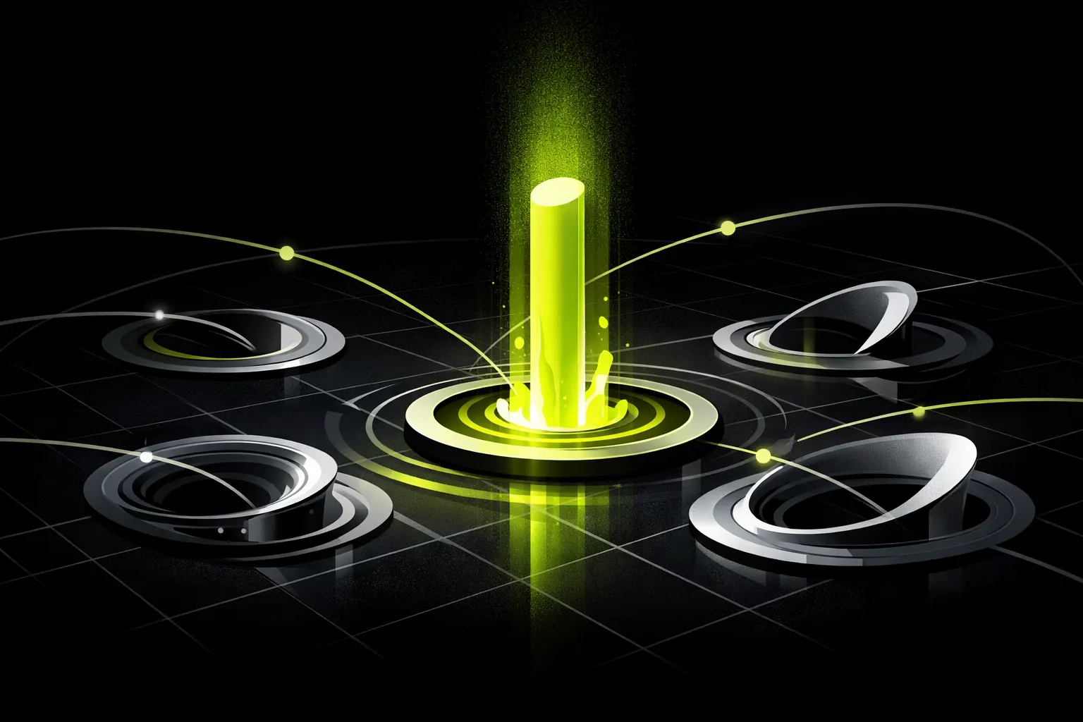 An abstract field of glowing pools shows one sharp surge and several unstable reversals, echoing launch-driven trading on Robinhood Chain.