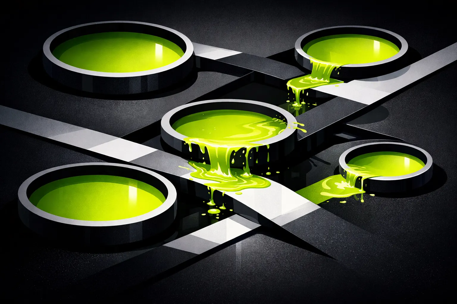 Abstract shallow and deep pools connected by narrow channels suggest uneven liquidity and fast rotation between new markets.