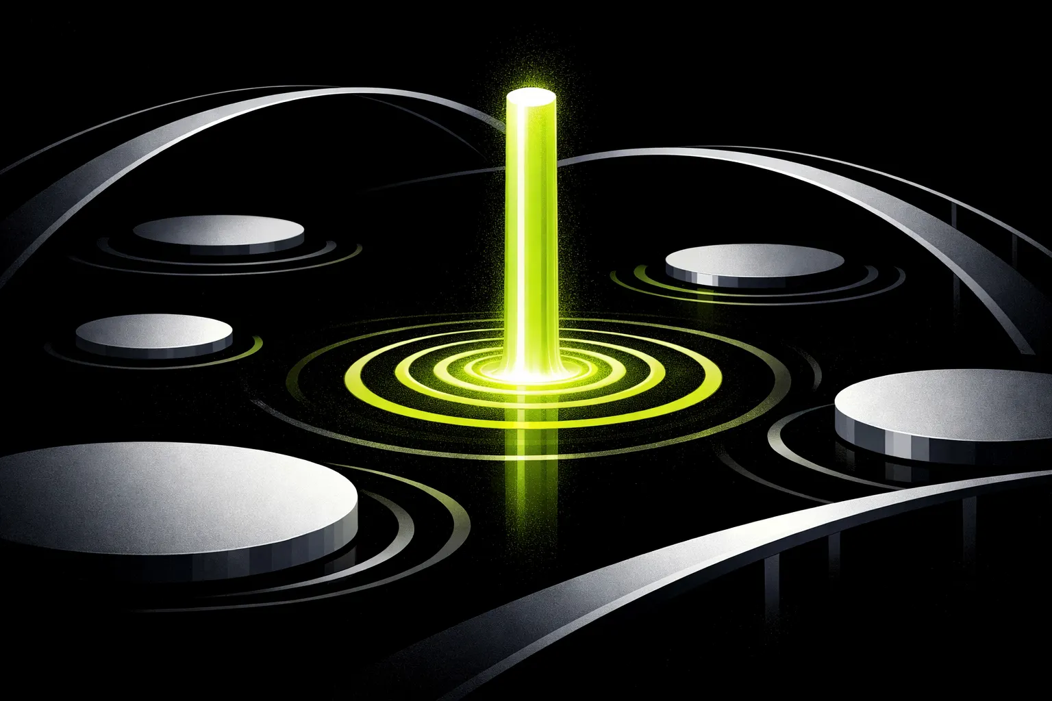 A central circular pool rises above several smaller new pools connected by bridge-like arcs in an abstract market scene.